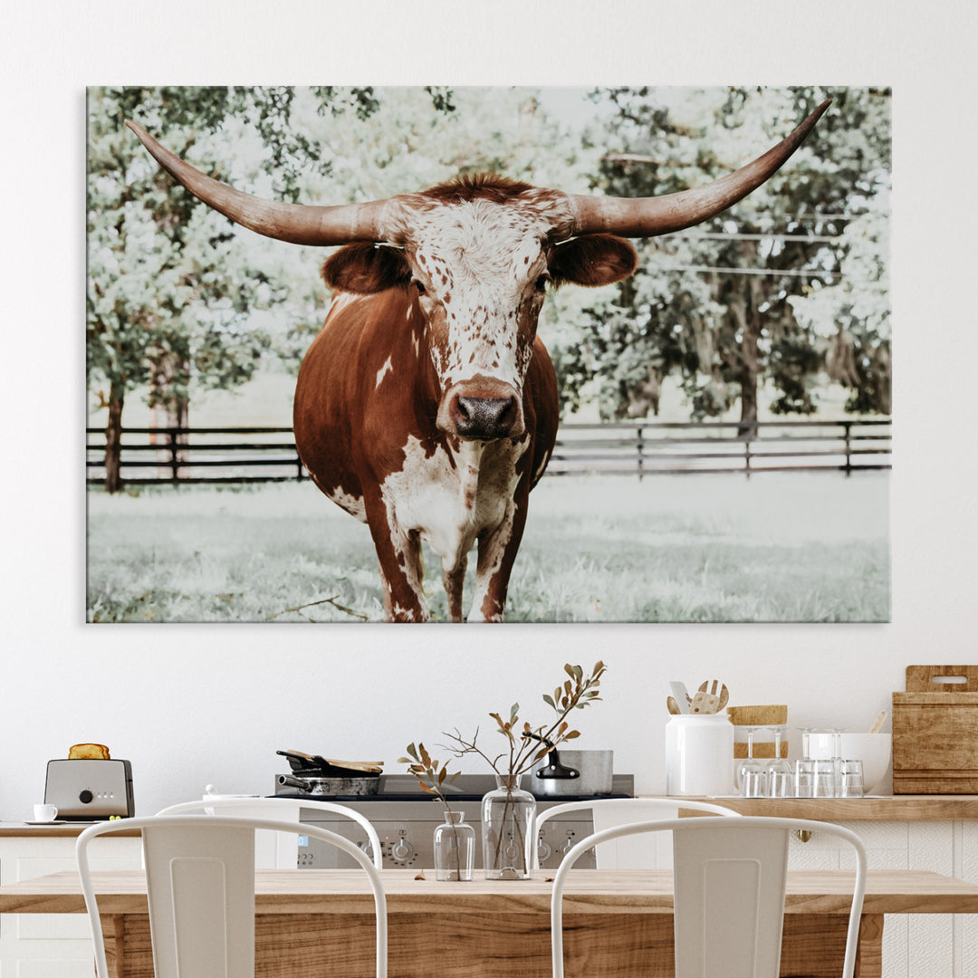 Texas Longhorn Wall Art Canvas Print, Framed Spotted Cow Art Picture Print, Horned Cattle Perfect Rustic Western Decor, Framed Horned Cattle Print