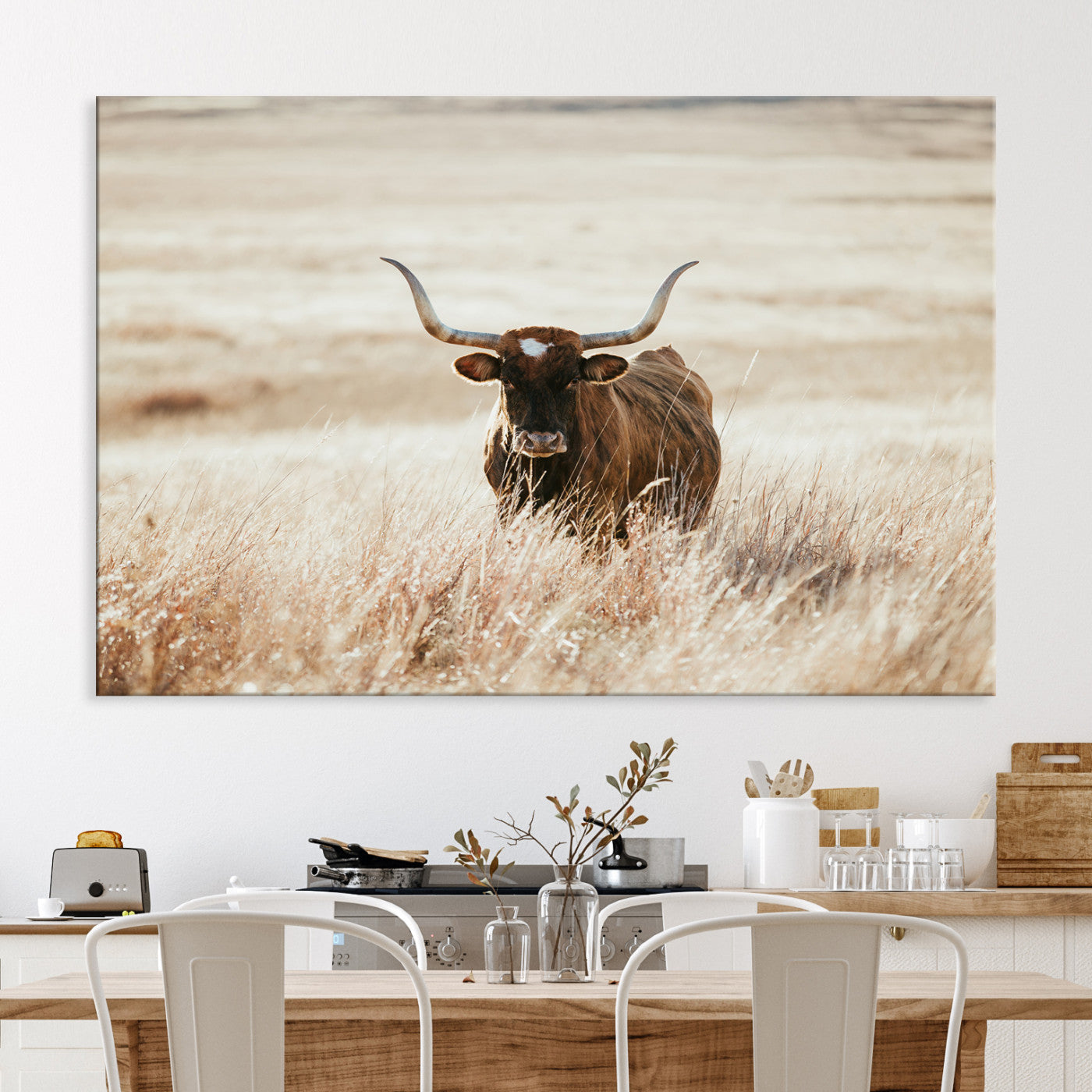 Texas Longhorn Wall Art Canvas Print, Framed Brown Cattle Art Picture Print, Horned Bull Perfect Rustic Western Decor Artwork