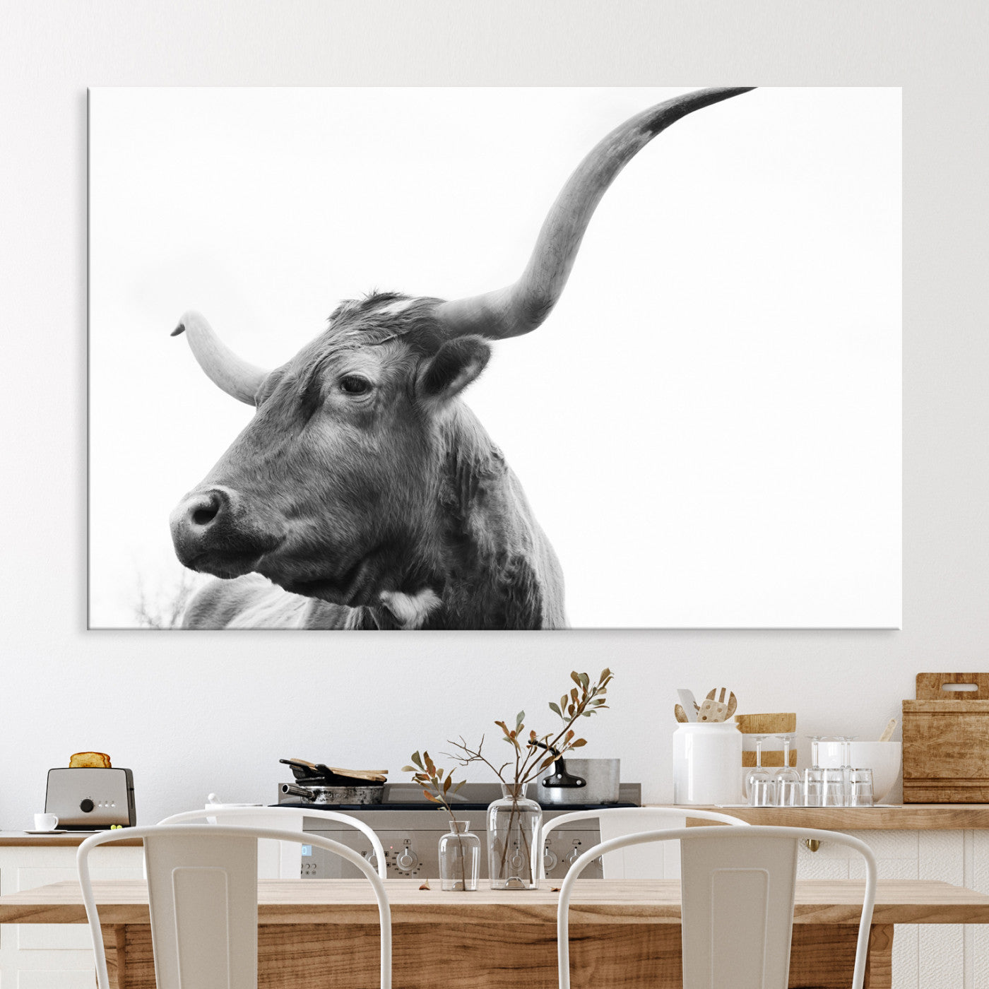 64392617-MGV-CV-36X24-Longhorn Wall Art Wall Art Canvas Print, Framed Modern Ranch Style Art Art Picture Print, Monochrome Cow Print Perfect Rustic Western Decor