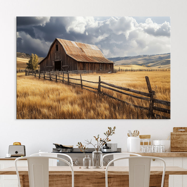Rustic Barn Wall Art Canvas Print, Framed Moody Barn Art Picture Print, Golden Field Perfect Rustic Farmhouse Decor
