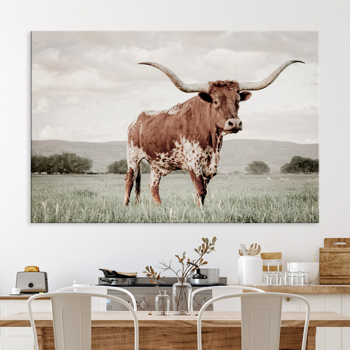 Texas Longhorn Wall Art Canvas Print, Framed Spotted Cattle Art Picture Print, Horned Bull Perfect Rustic Western Decor Artwork