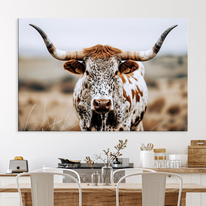 Texas Longhorn Wall Art Canvas Print, Framed Spotted Cow Art Picture Print, Horned Cattle Perfect Rustic Western Decor Artwork