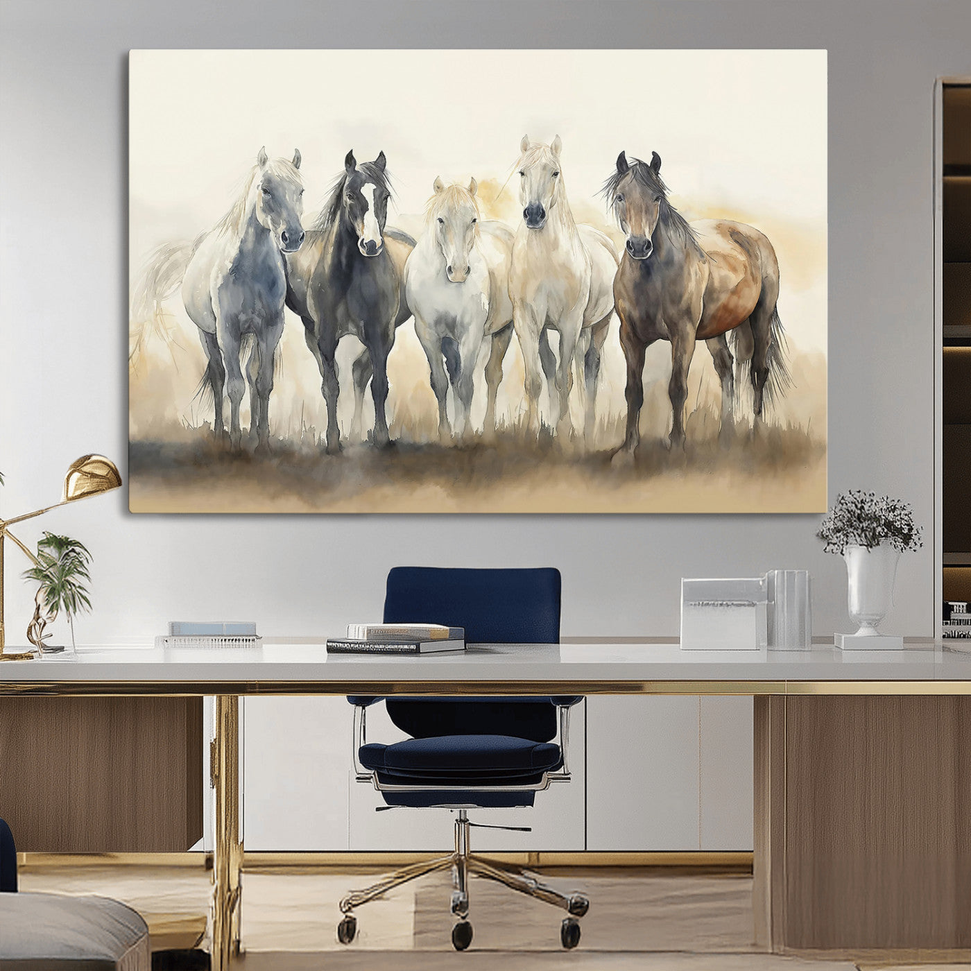 MGV-CV-36X24 - Wild Horses Wall Art Canvas Print, Framed Running Horses Art Picture Print, Watercolor Horses Perfect Rustic Western Decor Artwork