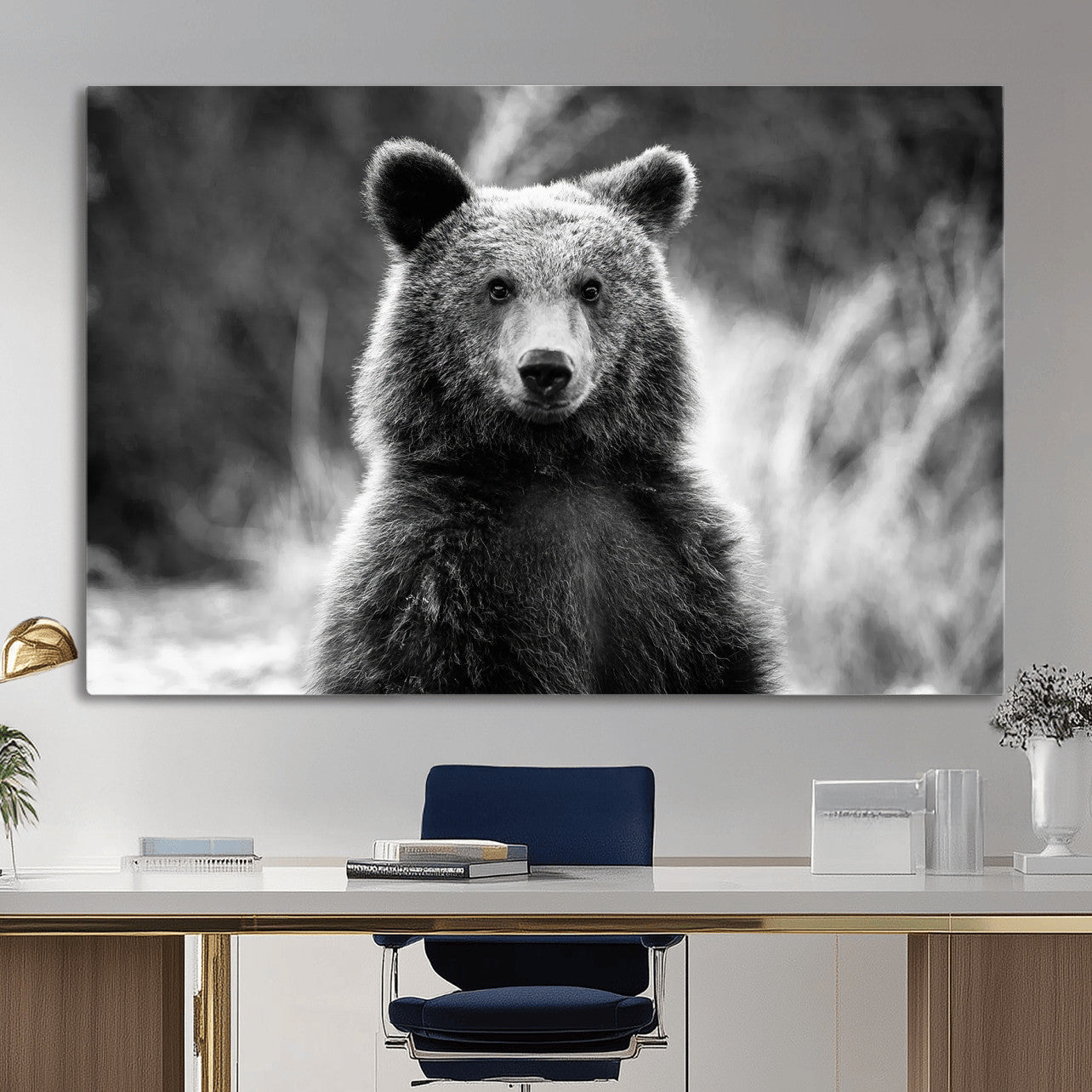 55656803-MGV-CV-36X24-Grizzly Bear Wall Art Canvas Print – Framed Black White Wildlife Rustic Nature Artwork for Home, Office Decor