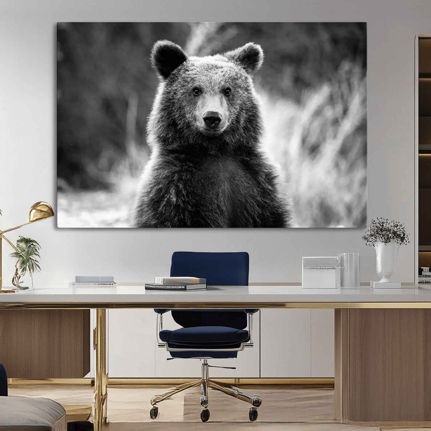 MGV-CV-36X24 - Grizzly Bear Wall Art Canvas Print, Framed Black White Bear Art Picture Print, Wild Bear Perfect Rustic Wildlife Decor Artwork