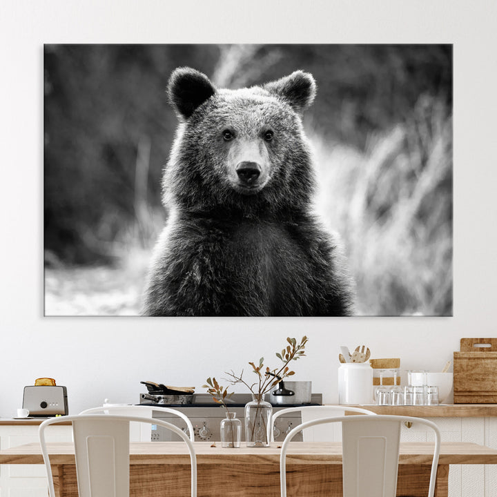 Grizzly Bear Wall Art Canvas Print, Framed Black White Bear Art Picture Print, Wild Bear Perfect Rustic Wildlife Decor