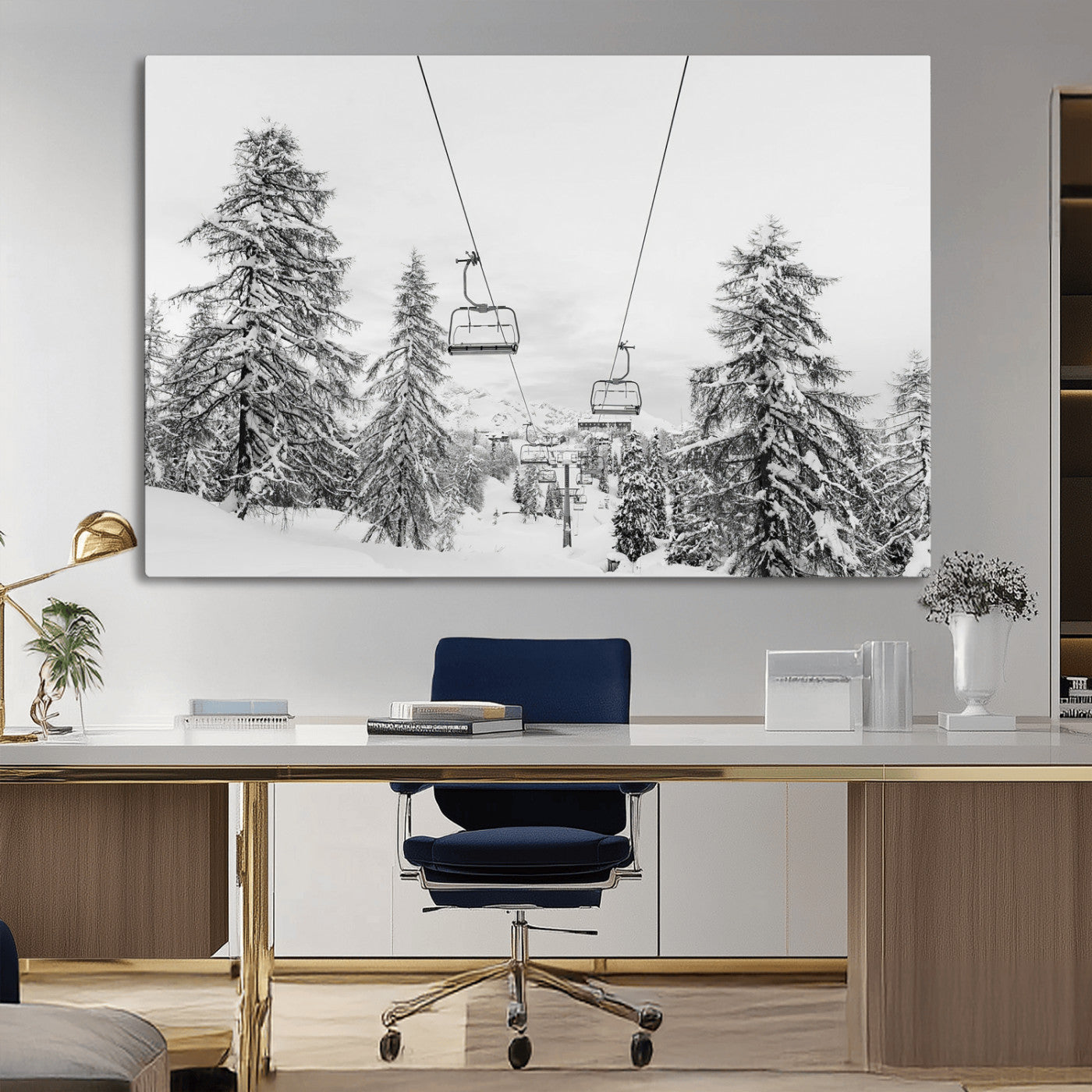 MGV-CV-36X24 - Wall Art Canvas Print Winter Chairlift Views Silent Snow-Covered Pines Mountain Calm Serenity Frozen