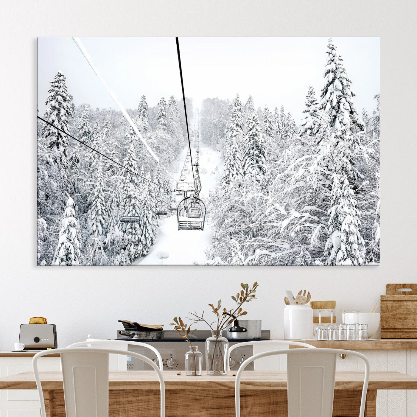 Snowy Mountains Wall Art Canvas Print, Framed Ski Lift Art Picture Print, Winter Forest Perfect Winter Minimalist Decor, Ski Lift Canvas
