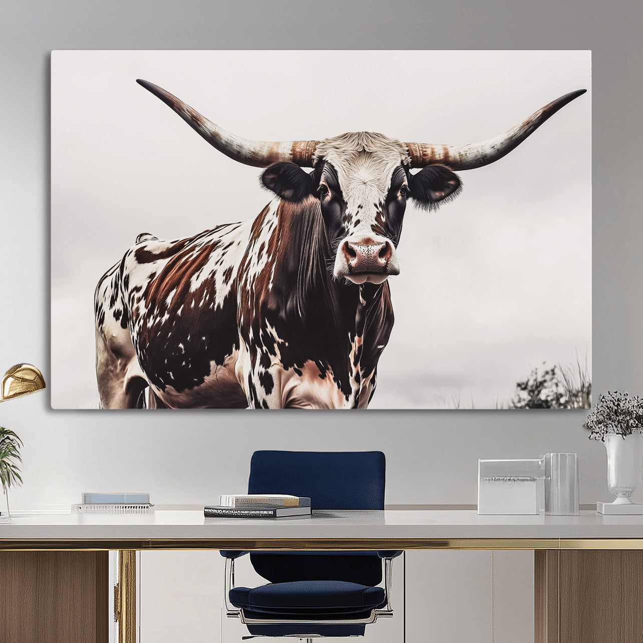 MGV-CV-36X24 - Texas Longhorn Wall Art Canvas Print, Framed Spotted Bull Art Picture Print, Horned Cattle Perfect Rustic Farmhouse Decor Artwork