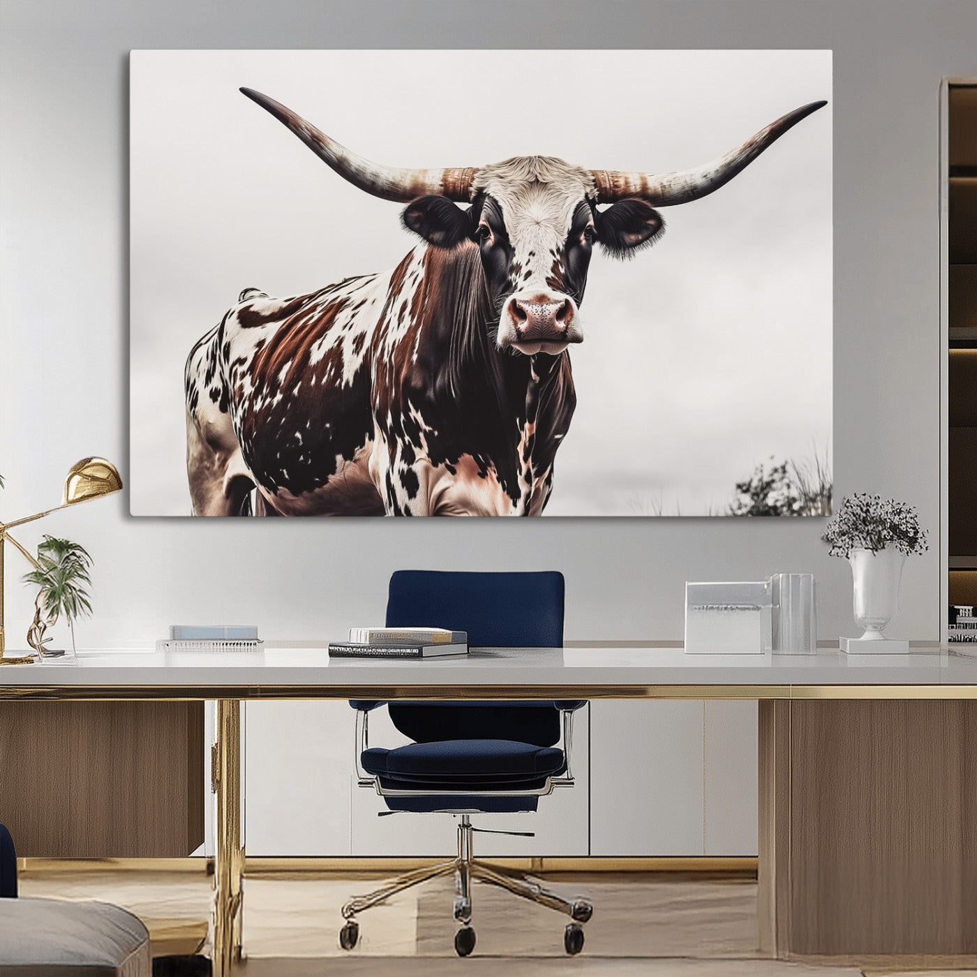 Close-up of a Texas Longhorn bull with powerful horns, perfect for rustic farmhouse or country-themed home decor. Ideal for animal lovers.