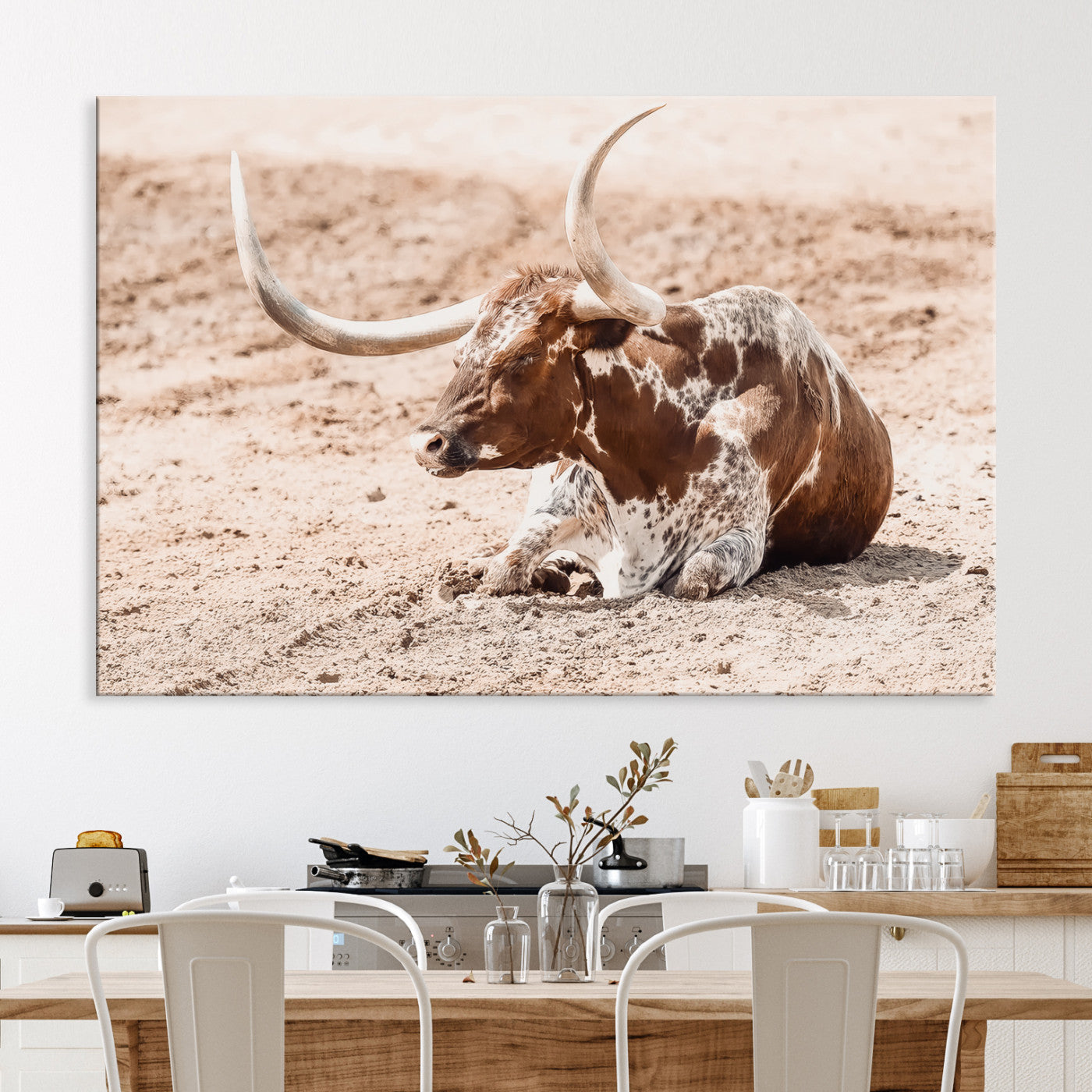 Texas Longhorn Wall Art Canvas Print, Framed Resting Bull Art Picture Print, Spotted Cattle Perfect Rustic Western Decor, Spotted Cattle