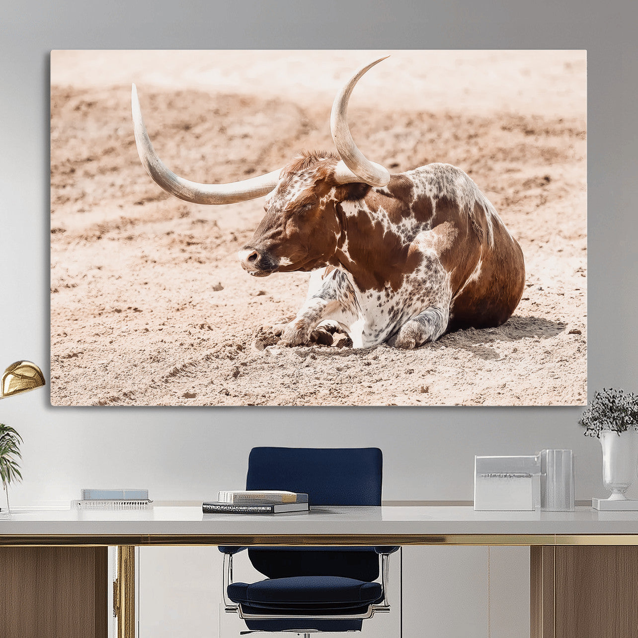91248682-MGV-CV-36X24-Texas Longhorn Wall Art Canvas Print – Framed Resting Bull Scene with Spotted Cattle Artwork for Home, Office