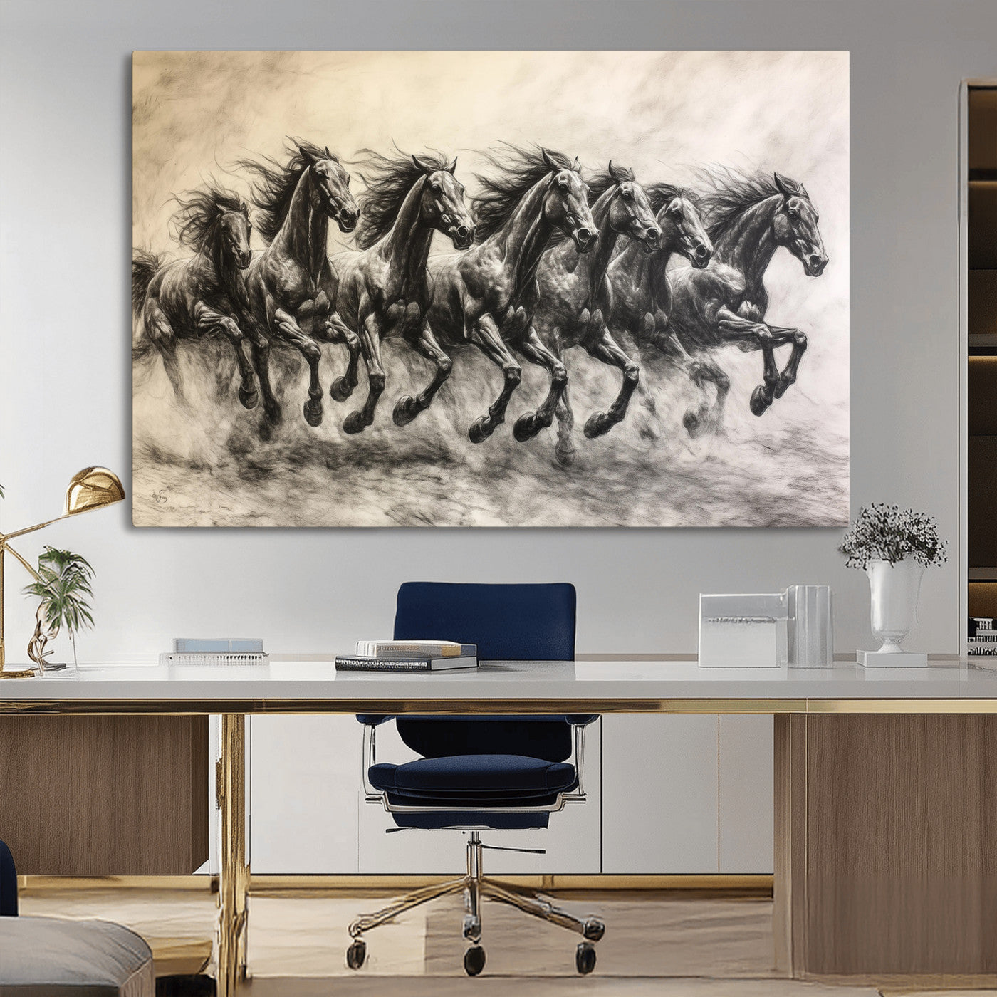 Monochrome drawing of a herd of galloping horses, perfect for dynamic and wild-themed decor in any equestrian or nature-inspired room.