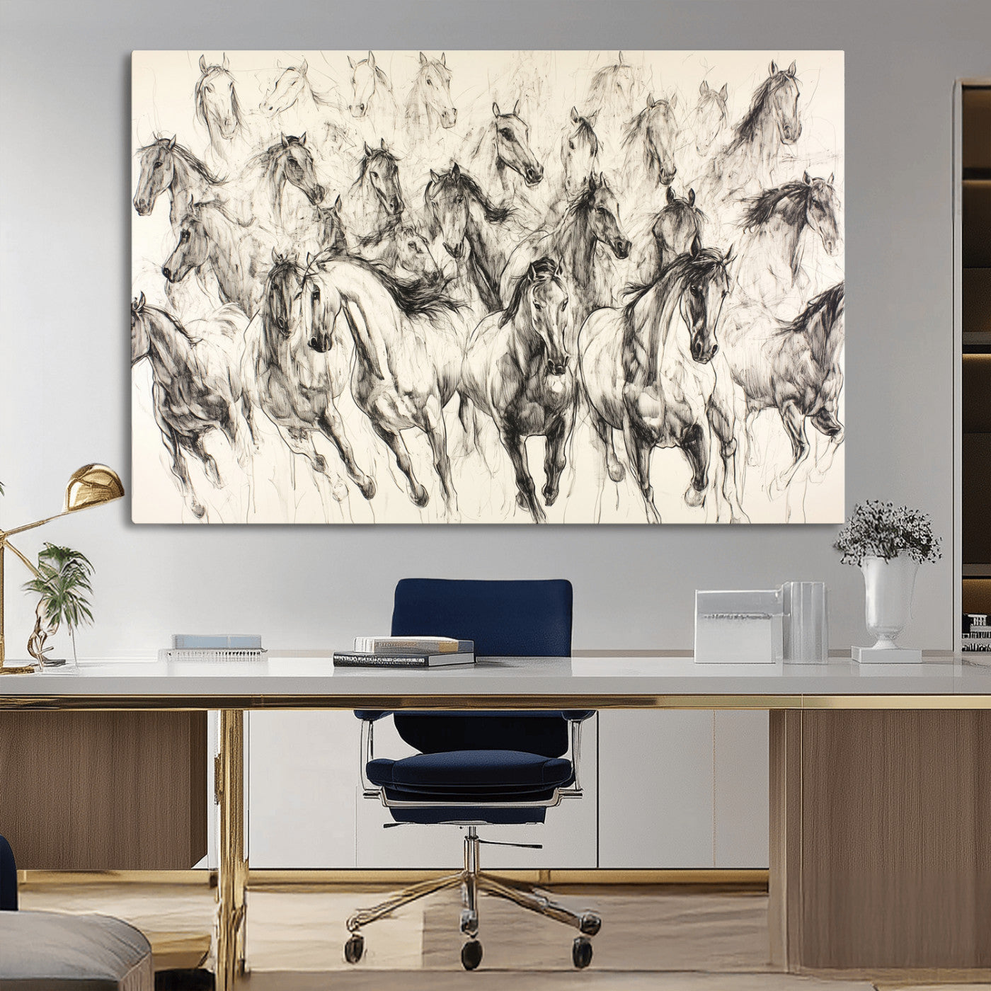 Monochrome ink sketch of galloping horses in dynamic motion, perfect for western or equine-themed wall decor with bold artistic energy.