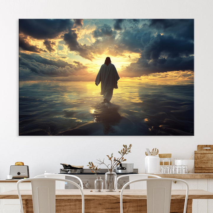 Jesus Walks Wall Art Canvas Print, Framed Divine Sunset Art Picture Print, Spiritual Light Perfect Spiritual Tranquil Decor Artwork