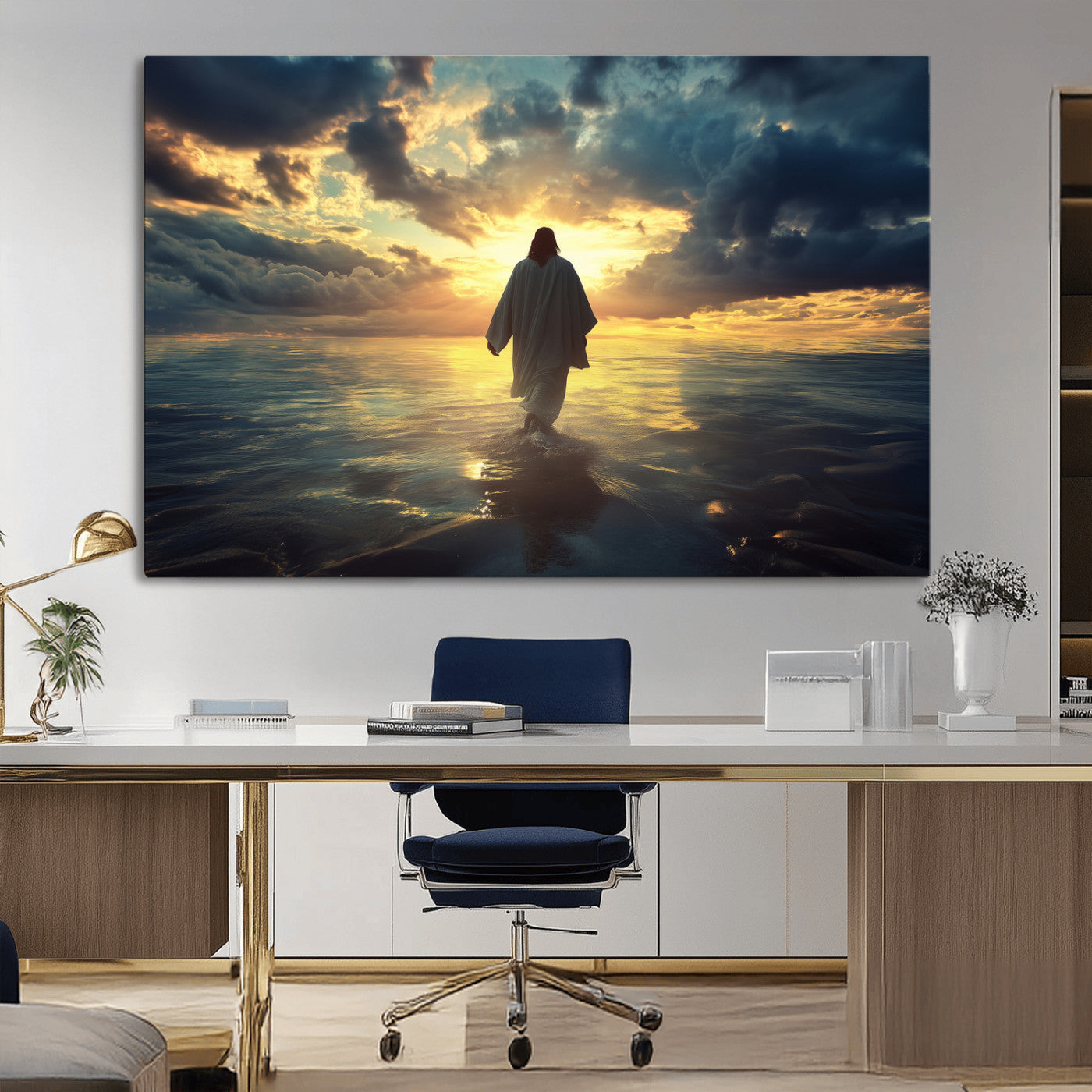 Spiritual artwork of Jesus walking on water at golden hour with divine light, ideal for Christian home decor or prayer room.