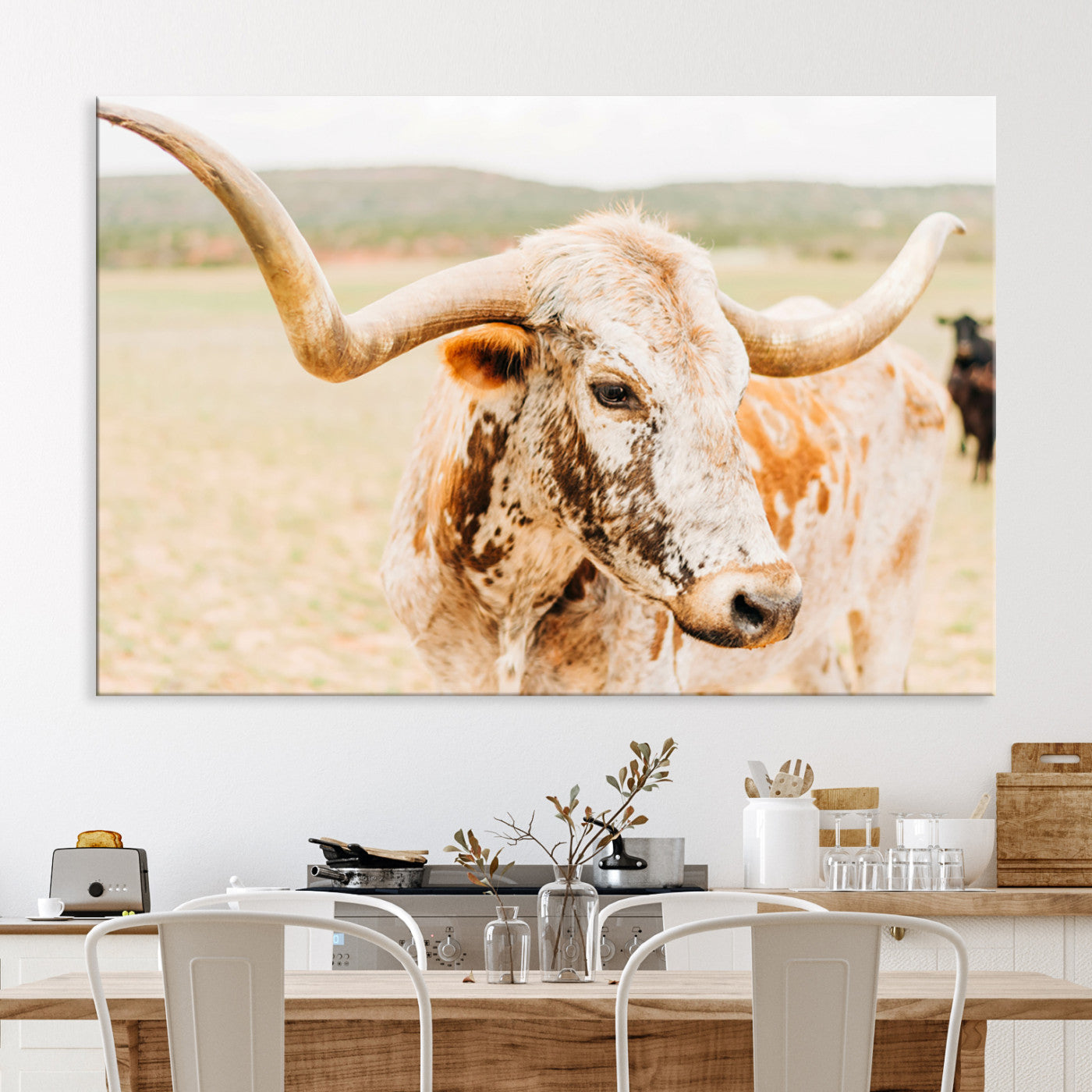 Texas Longhorn Wall Art Canvas Print, Framed Speckled Cow Art Picture Print, Rustic Bull Perfect Rustic Western Decor, Framed Speckled Cow