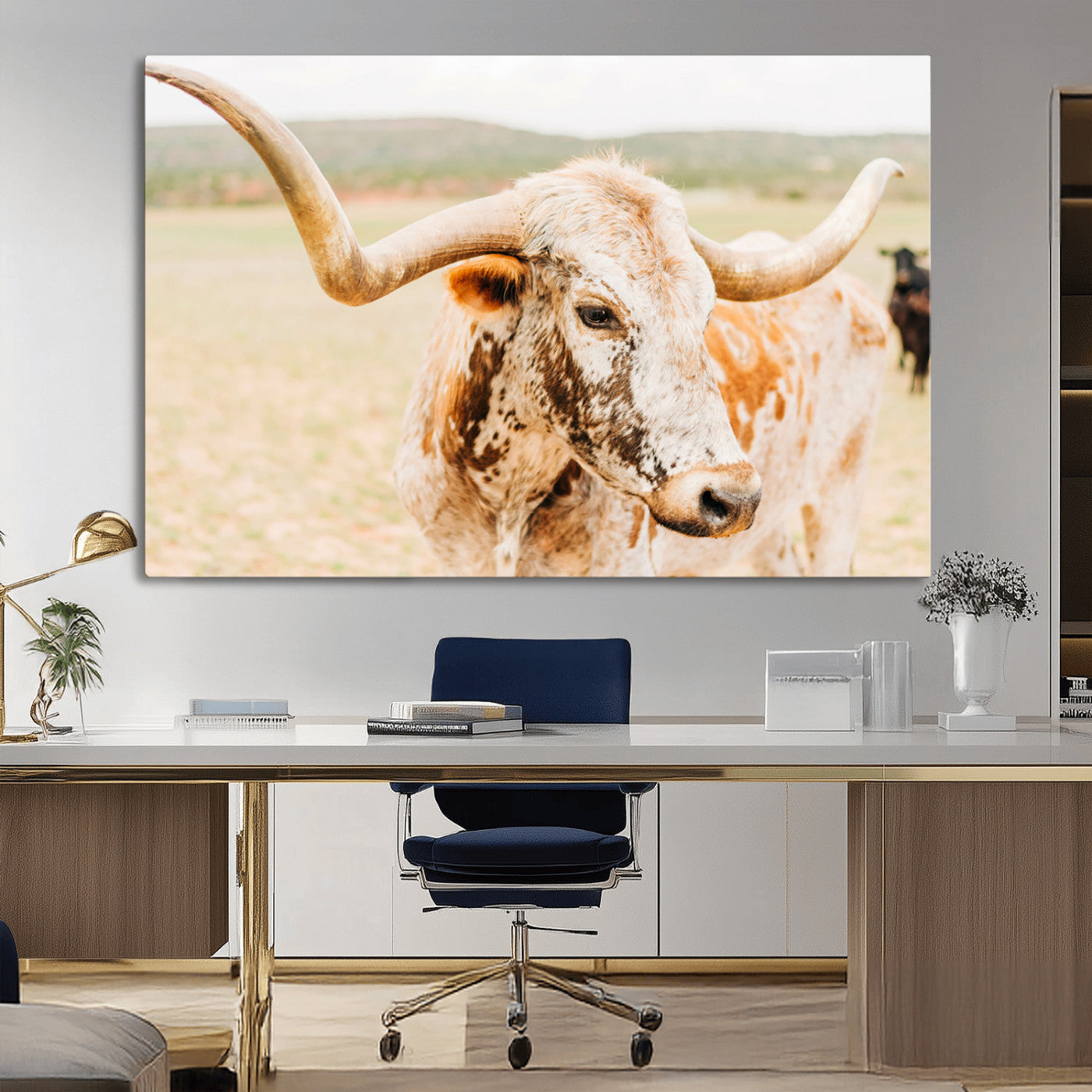 Close-up of a speckled Texas Longhorn in warm prairie tones, perfect for rustic western or countryside-themed room decor.