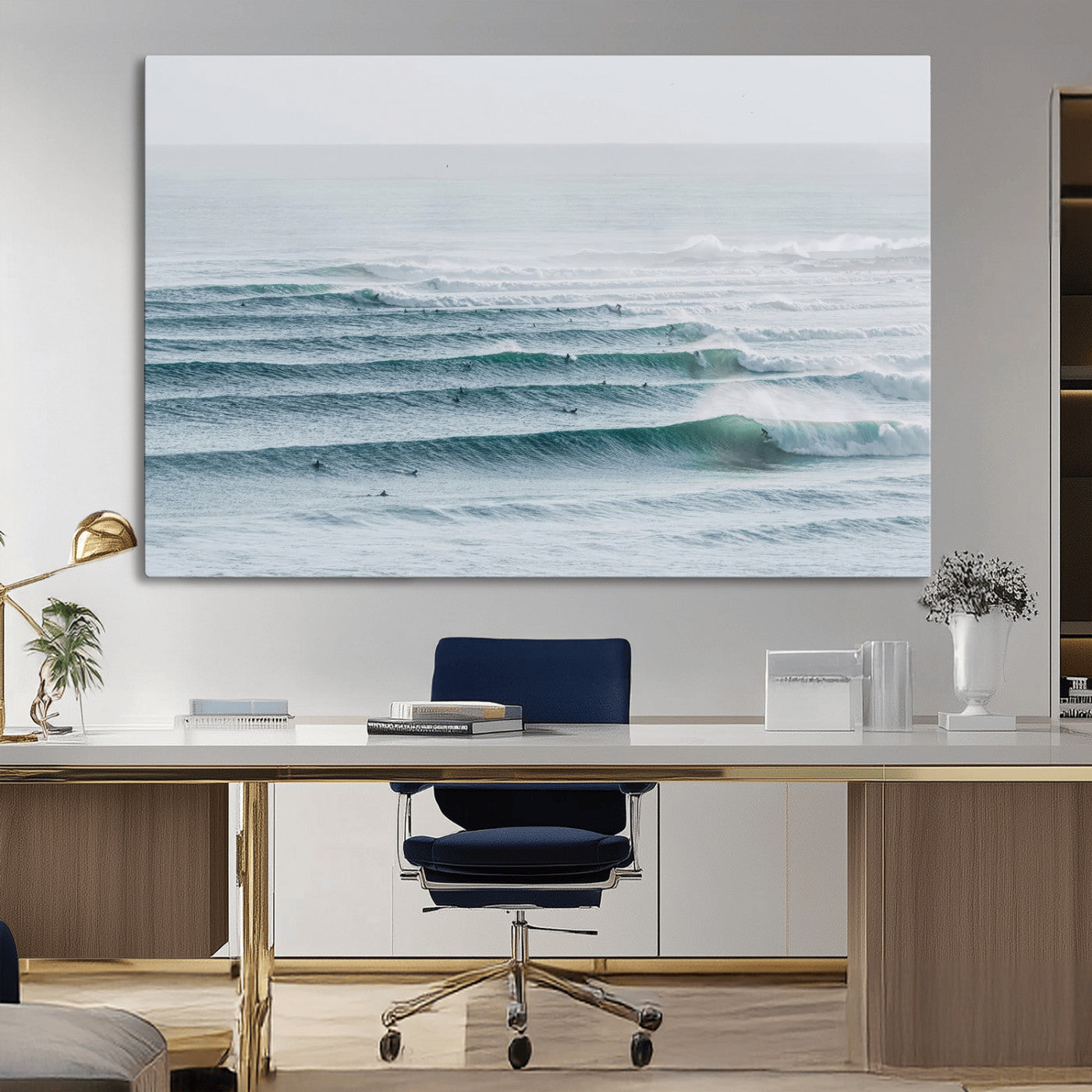 High-angle view of surfers lining up across layered ocean waves, ideal for minimal coastal or surf-inspired room decor.