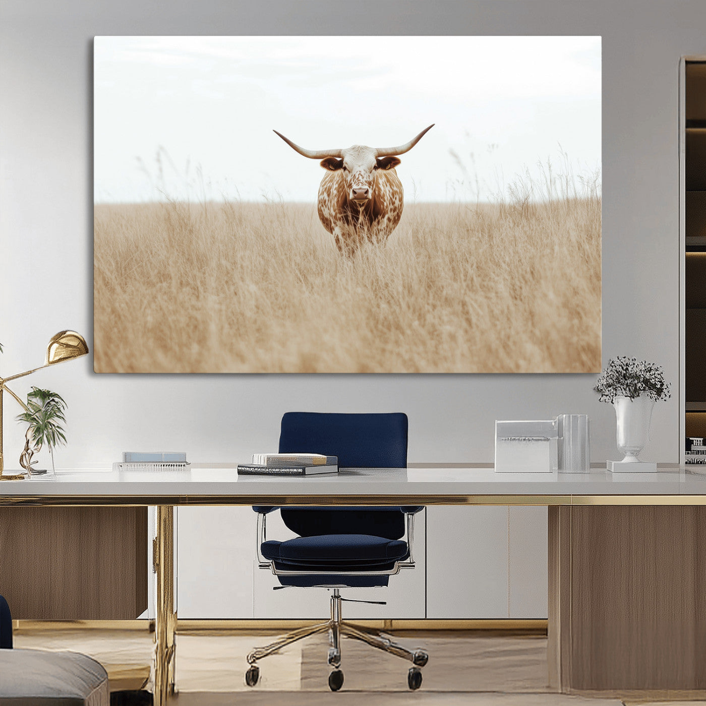 Texas Longhorn bull standing alone in dry grass with neutral tones, ideal for rustic western or cowboy-themed wall decor.