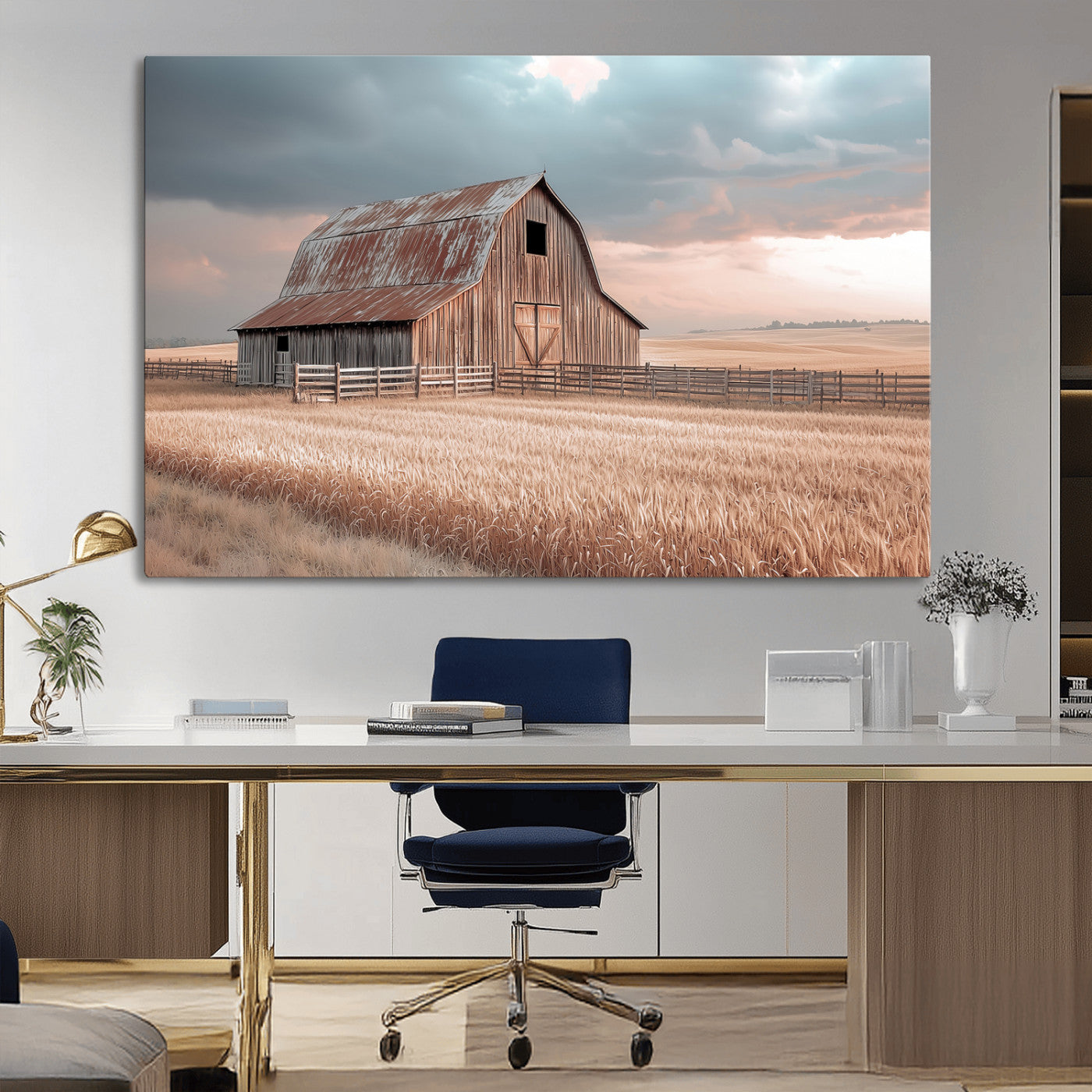 Framed canvas of a rustic barn in a golden wheat field under soft skies, ideal for vintage farmhouse or country-style wall decor.