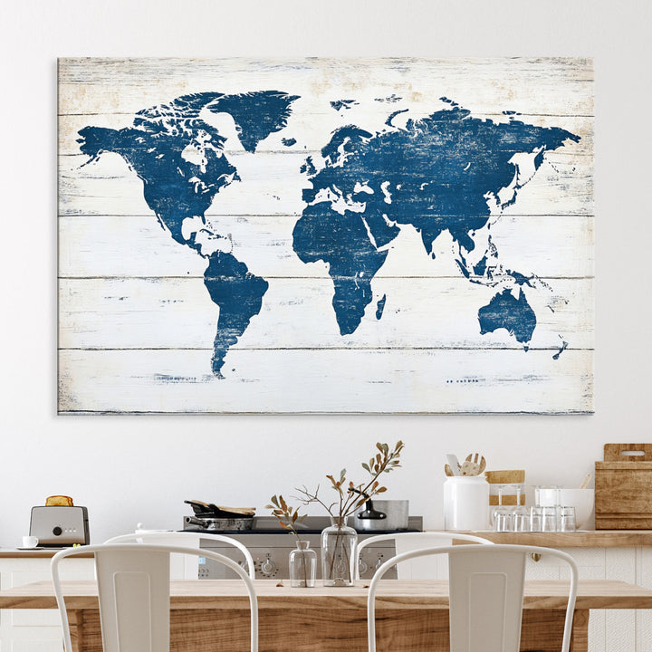 World Map Wall Art Canvas Print, Framed Rustic Atlas Art Picture Print, Wooden Map Perfect Vintage Decor Artwork