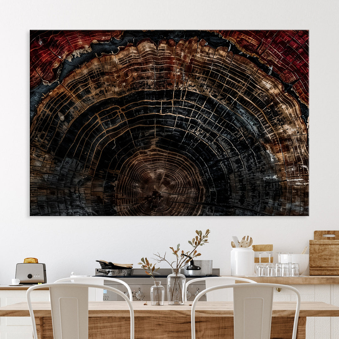 Dark Wood Ring Wall Art Canvas Print, Abstract Wood Tree Print, Framed Rustic Tree Slice Art Print, Large Organic Texture Printing Perfect for Rustic Decor