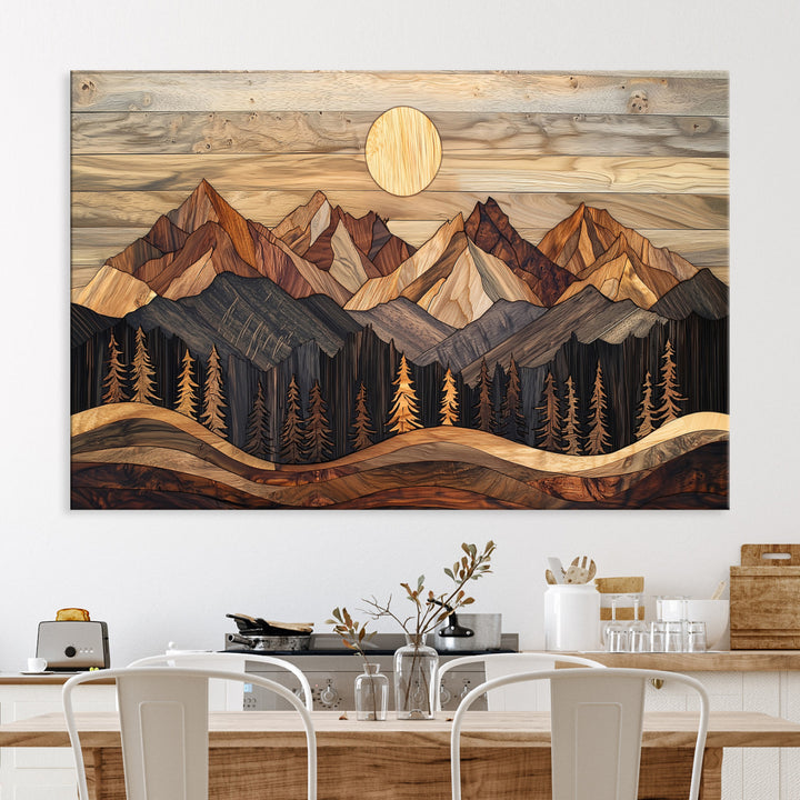 Wood Mountain Wall Art Canvas Print, Framed Boho Wood Art Print, Abstract Woodland Farmhouse Decor