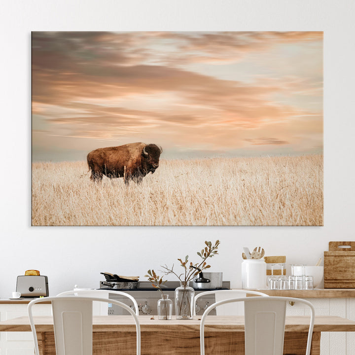 Bison Wall Art Canvas Print, Buffalo Print, Framed Western Prairie Art Print, Large Rustic Wildlife Printing Perfect for Rustic Decor