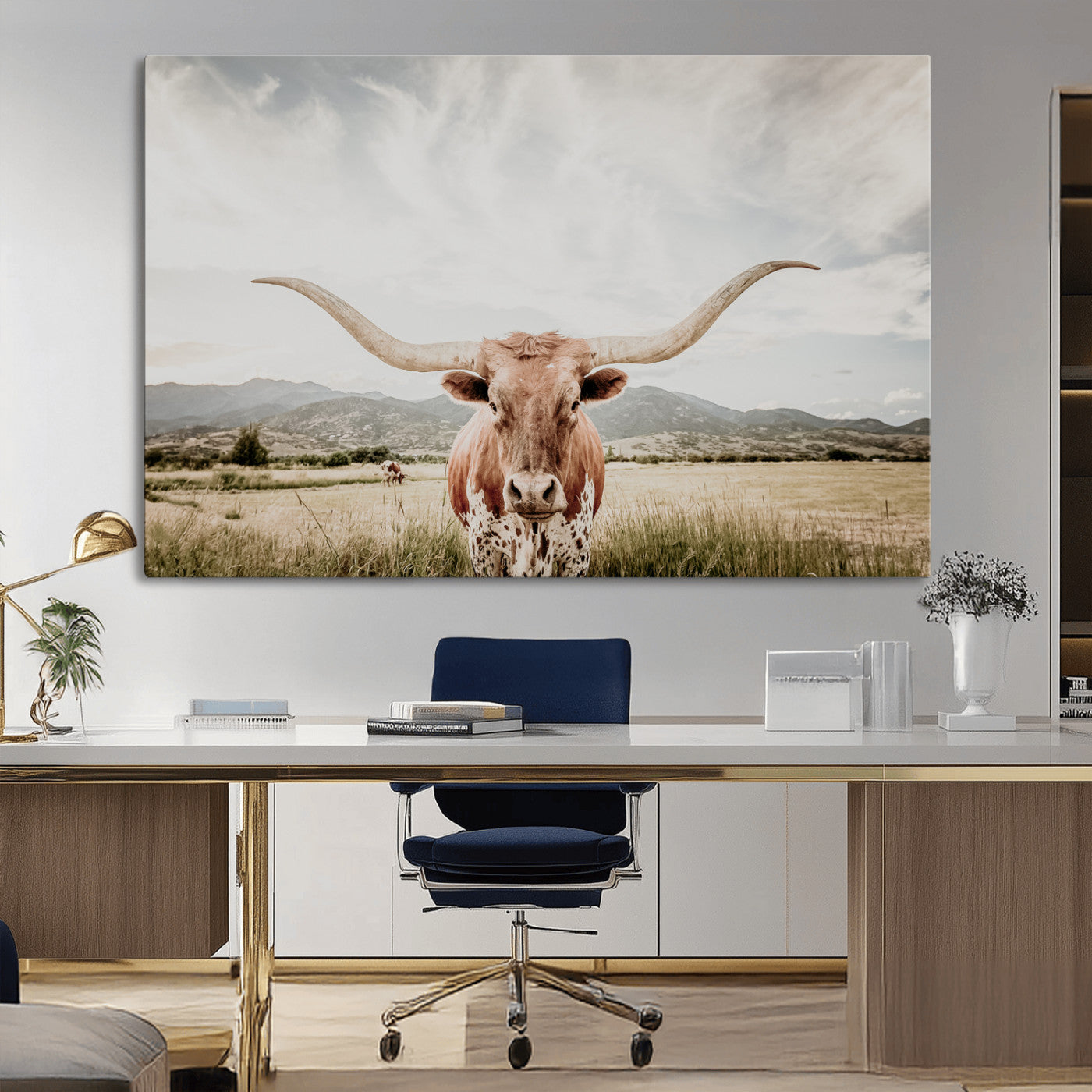 MGV-CV-36X24 - Texas Longhorn Wall Art Canvas Print, Framed Western Cow Art Picture Print, Rustic Farmhouse Perfect Farmhouse Decor Artwork