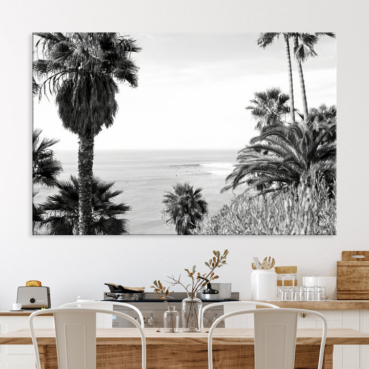 Palm Trees Wall Art Canvas Print, Framed Coastal Art Picture Print, Ocean Horizon Perfect Monochrome Coast Decor