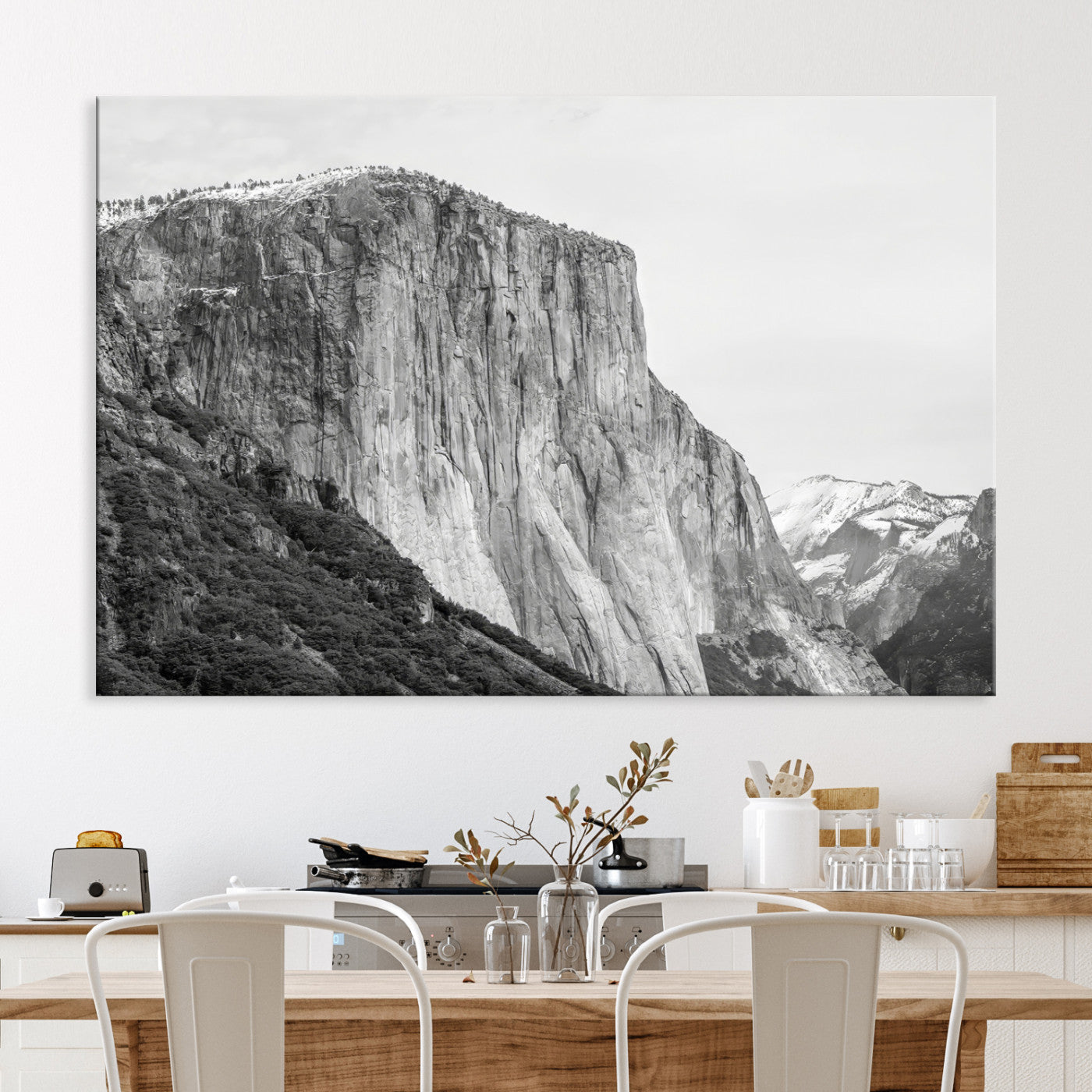 El Capitan Wall Art Canvas Print, Framed Yosemite Cliff Art Picture Print, Monochrome Mountain Perfect Monochrome Sierra Decor