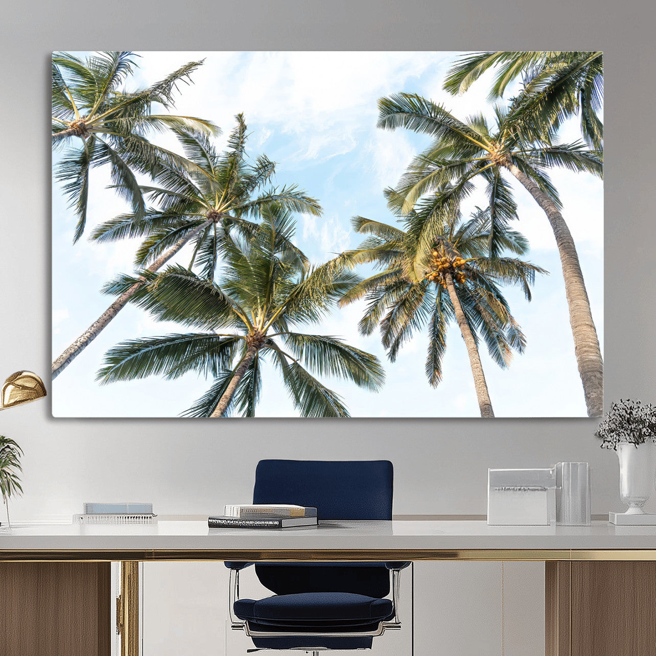 87247012-MGV-CV-36X24 - Tropical Palm Trees Wall Art – Sunlit Leaves & Blue Sky Canvas Print, Island Breeze and Vacation Vibes for Office or Home Decor