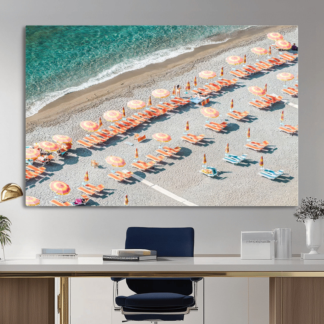 27805351-MGV-CV-36X24 - Beach Umbrellas Wall Art – Orange Loungers & Turquoise Water Canvas Print, Sandy Shore and Summer Vibes