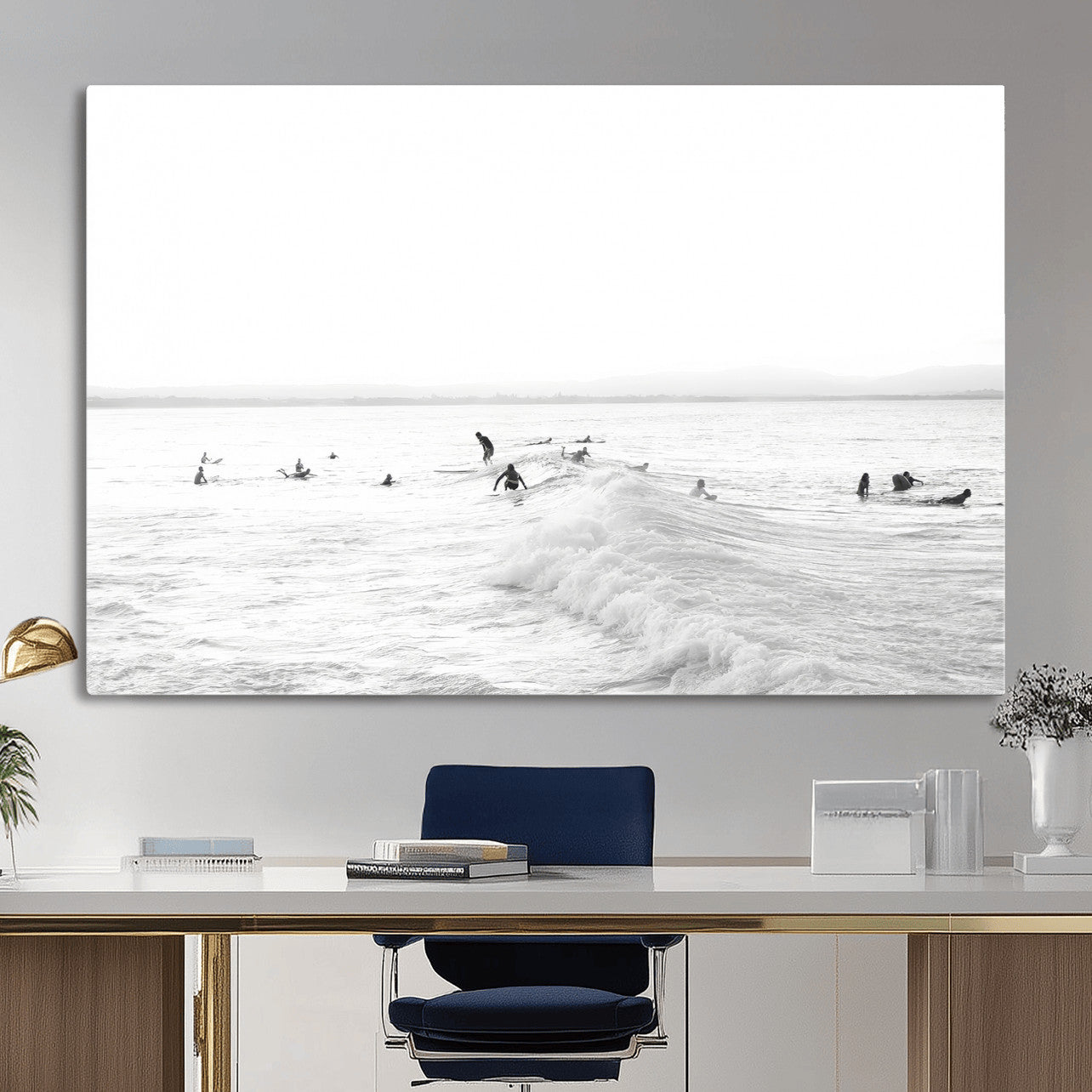 33449548-MGV-CV-36X24 - Surf Crowd Motion Wall Art – Active Surfers & Ocean Waves Canvas Print, Dynamic Water and Coastal Horizon for Living Room or Sea Adventure Decor
