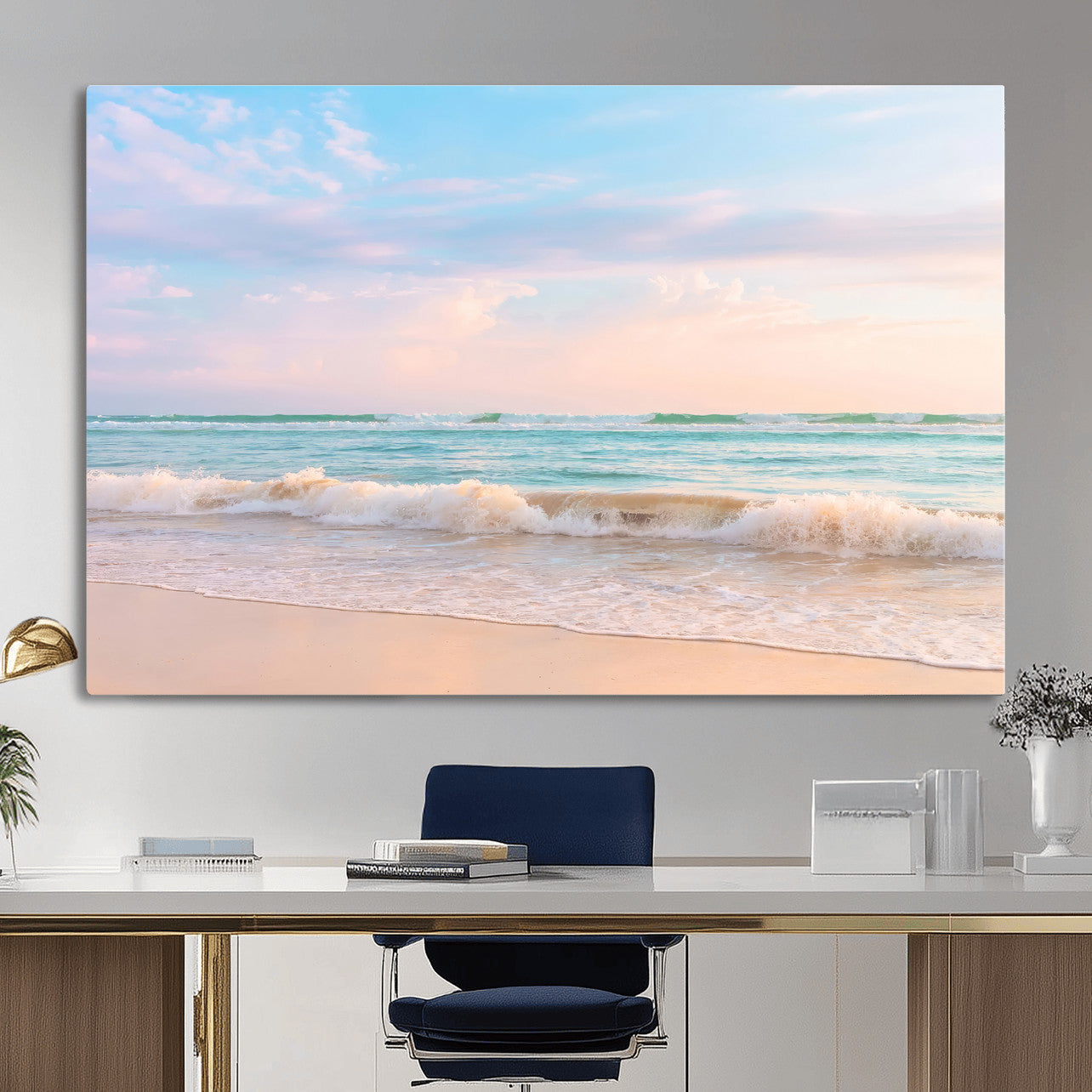 74679437-MGV-CV-36X24 - Serene Waves Wall Art – Golden Shore & Soft Pastel Sky Canvas Print, Gentle Ocean and Peaceful Sunset for Living Room or Office