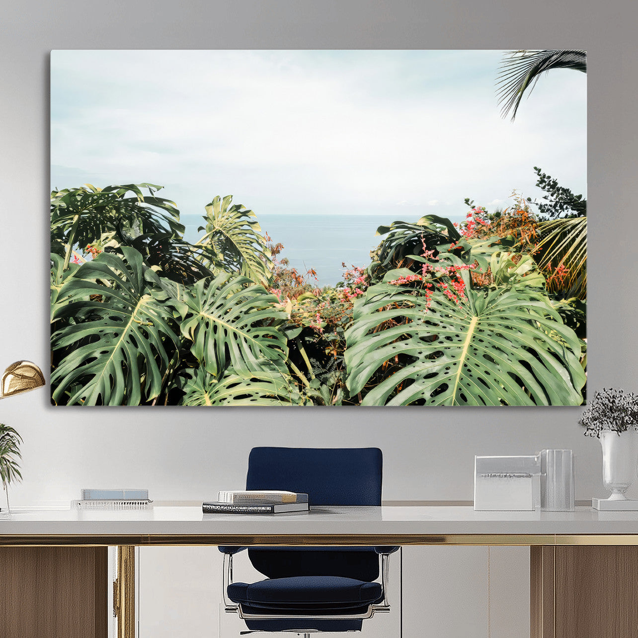 45700479-MGV-CV-36X24 - Tropical Greenery Wall Art – Exotic Leaves & Ocean View Canvas Print, Sunlit Paradise and Vibrant Nature for Living Room or Coastal Decor