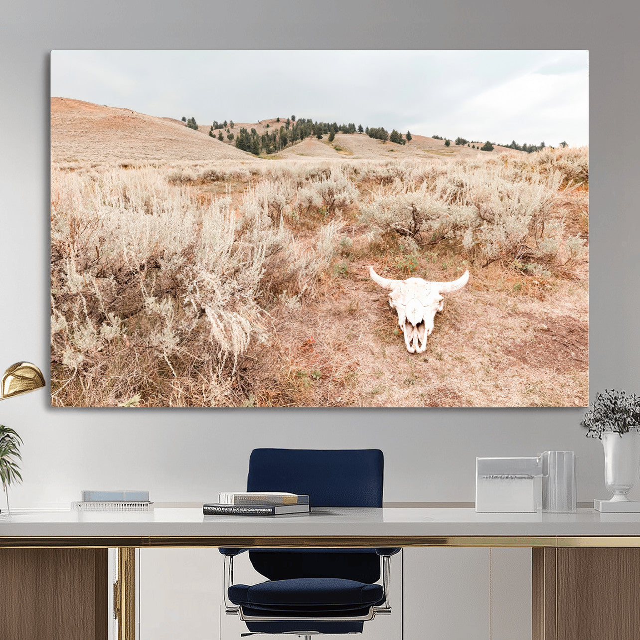 97234735-MGV-CV-36X24 - Desert Skull Wall Art – Arid Landscape & Sagebrush Canvas Print, Rustic Nature and Earth Tones for Living Room or Minimalist Decor
