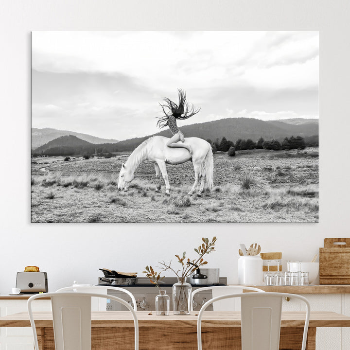 White Horse Wall Art Canvas Print, Woman Rider Print, Framed Equestrian Pose Art Print, Large Grazing Horse Printing Western Boho