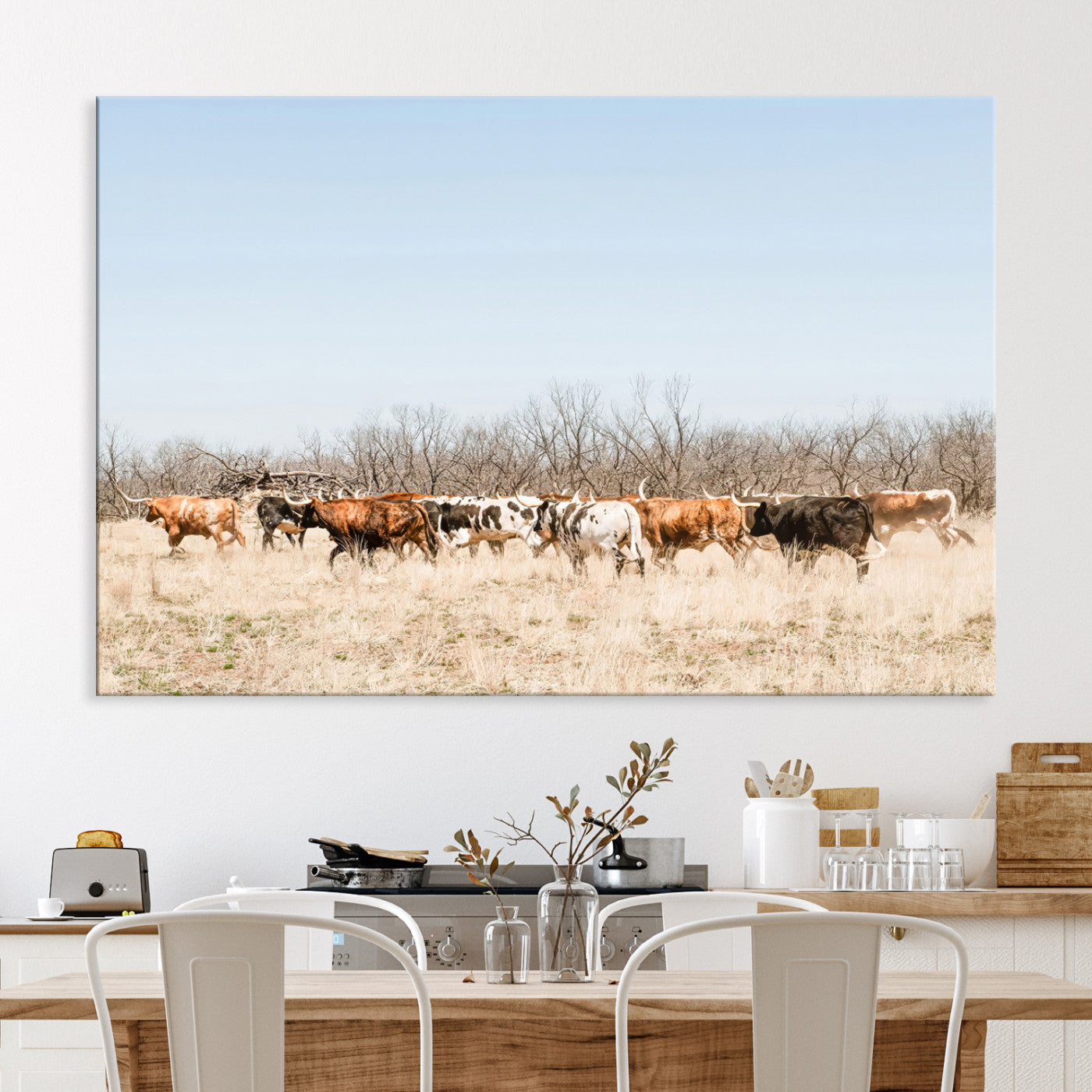 Texas Longhorns Wall Art Canvas Print, Western Cattles Print Wall Art, Framed Rustic Herd Art Print, Large Country Cows Printing Rustic