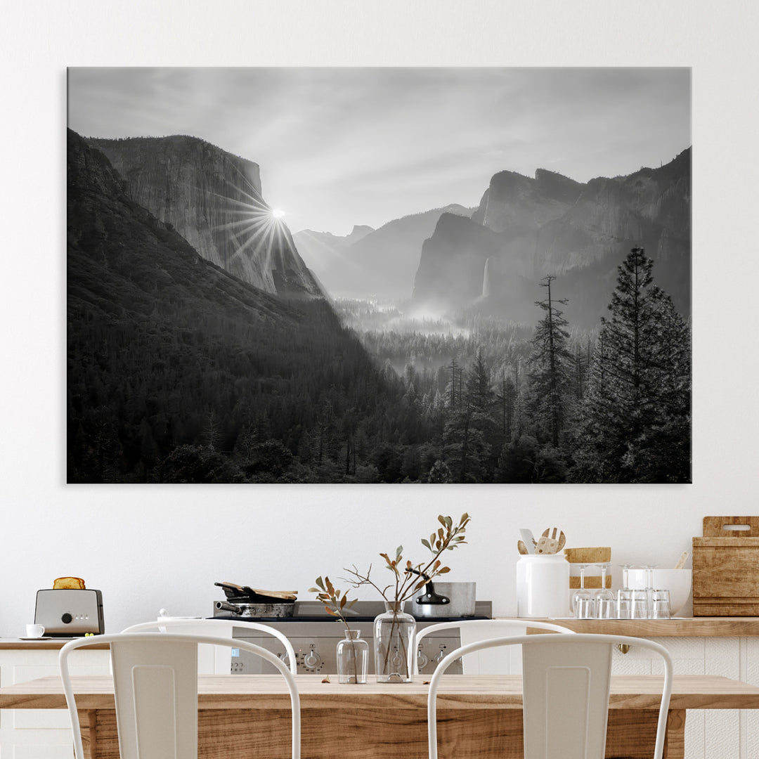 Yosemite Valley Wall Art Canvas Print, Framed El Capitan Sunrise Print, Framed Misty Mountain Art Print, Large Monochrome Valley Printing