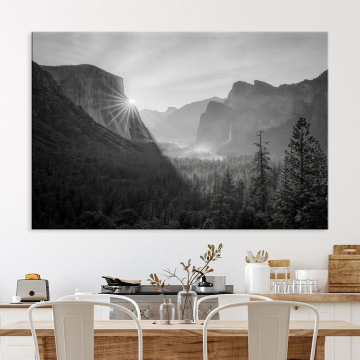Yosemite Valley Wall Art Canvas Print, Framed El Capitan Sunrise Print, Framed Misty Mountain Art Print, Large Monochrome Valley Printing
