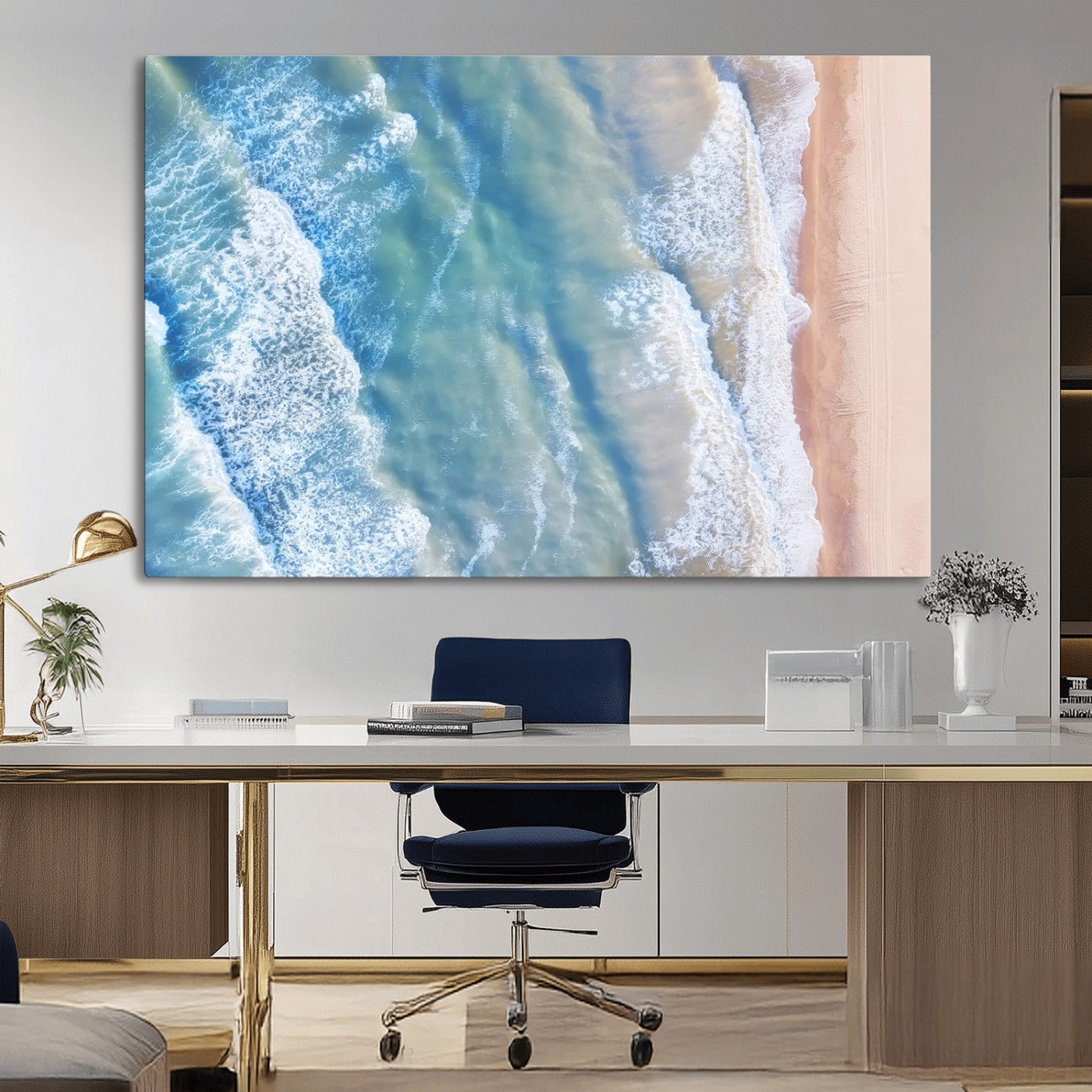 MGV-CV-36X24 - Aerial Ocean View Wall Art Canvas Print, Framed Soft Blue Waves Art Picture Print, Sandy Shoreline Perfect Modern Coastal Decor Artwork