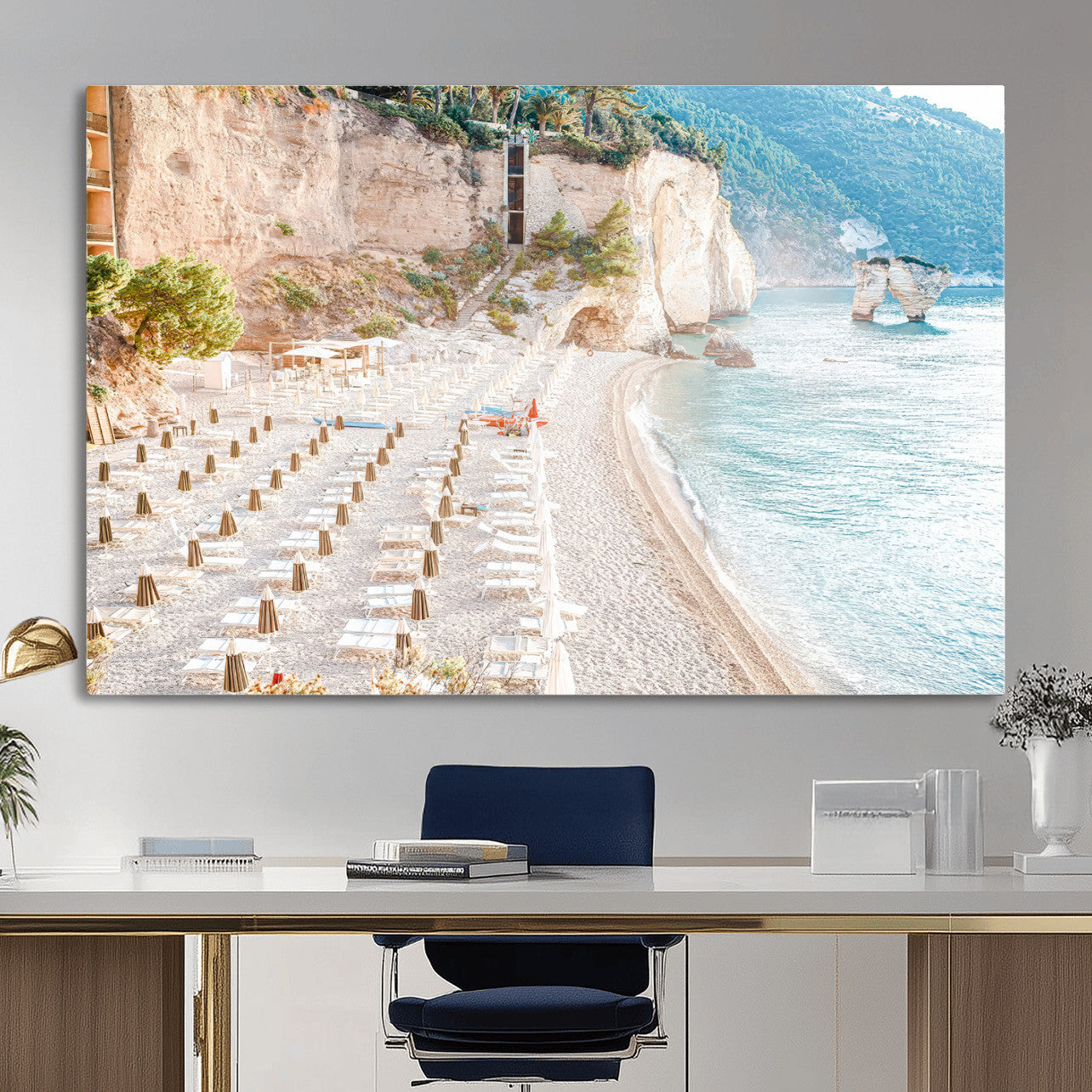 84816639-MGV-CV-36X24 - Sunny Beach Wall Art – Chairs & Umbrellas Canvas Print, Clear Water, Rocky Cliffs, Coastal Calm for Living Room or Vacation Home Decor
