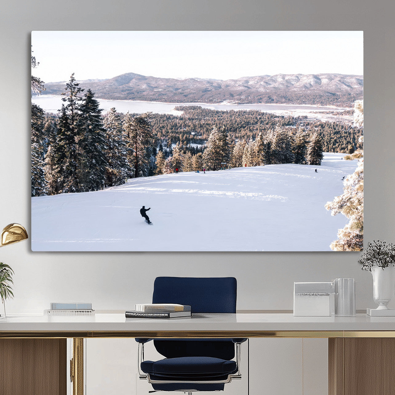 79857868-MGV-CV-36X24 - Snowboarder Wall Art – Winter Slope Canvas Print, Pine Forest, Snow-Covered Mountains, Outdoor Adventure for Living Room or Cabin Decor