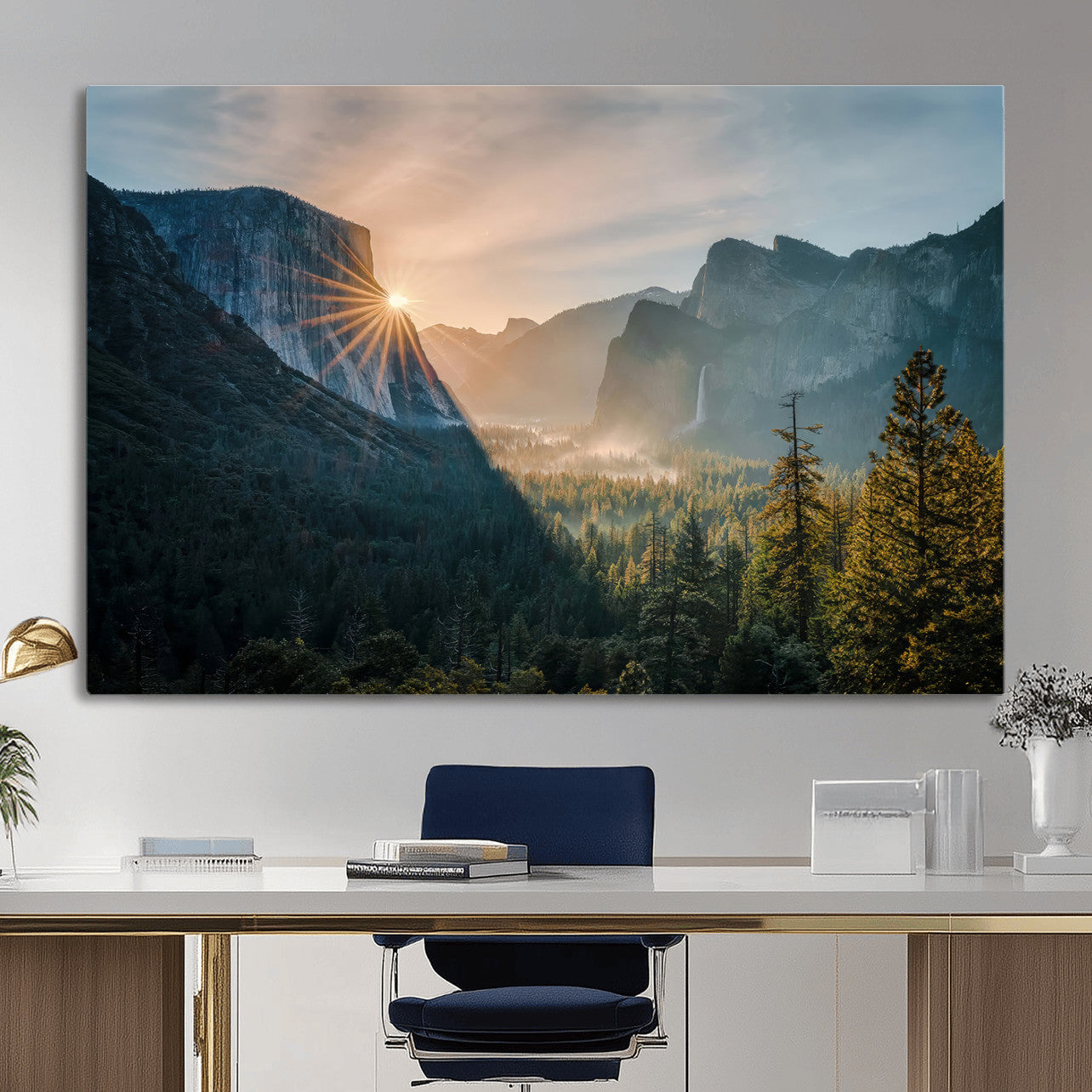 51605481-MGV-CV-36X24 - Yosemite Valley Wall Art – Misty Forest Peaks Canvas Print, Radiant Light, Tranquil Nature Landscape for Living Room or Cabin Decor