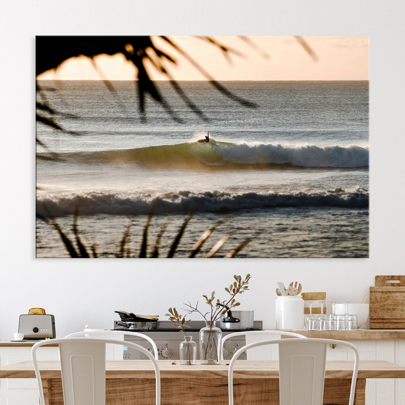 Sunset Surf Wall Art Canvas Print, Framed Golden Hour Art Picture Print, Waves Perfect Boho Decor, Framed Sunset Surf Canvas