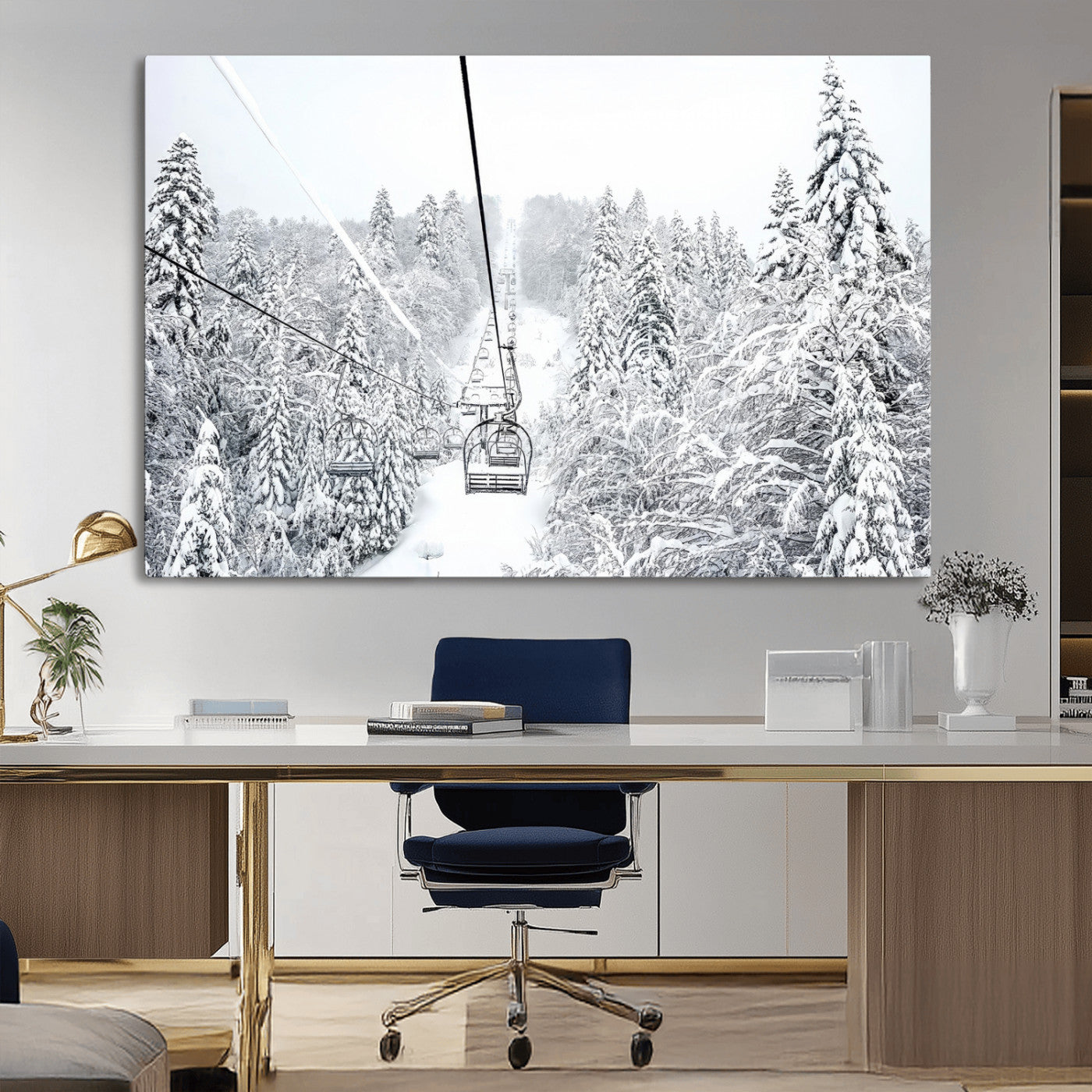 MGV-CV-36X24 - Winter Snow Ski Lift Wall Art Canvas Print Winter Trees Print