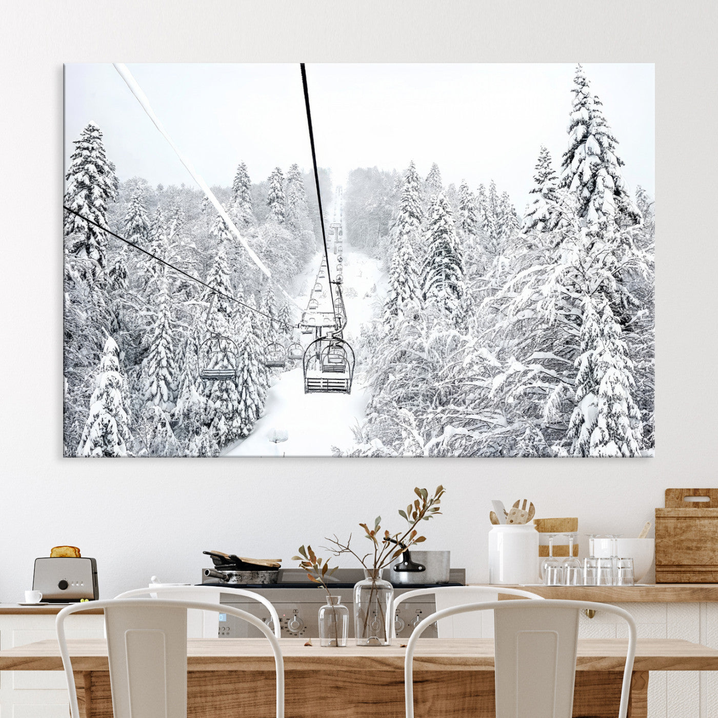 Winter Forest Wall Art Canvas Print, Framed Snowy Forest Art Picture Print, Winter Ski Lift Perfect Scandinavian Minimalist 3/3 Decor