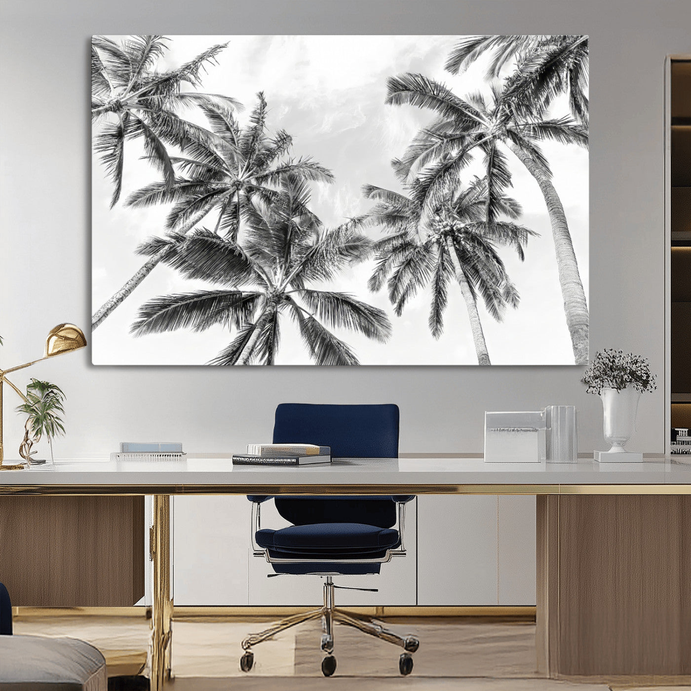 MGV-CV-36X24 - Black White Palm Wall Art Canvas Print, Framed Monochrome Tropics Art Picture Print, Minimalist Beach Perfect Coastal Minimalist Decor Artwork